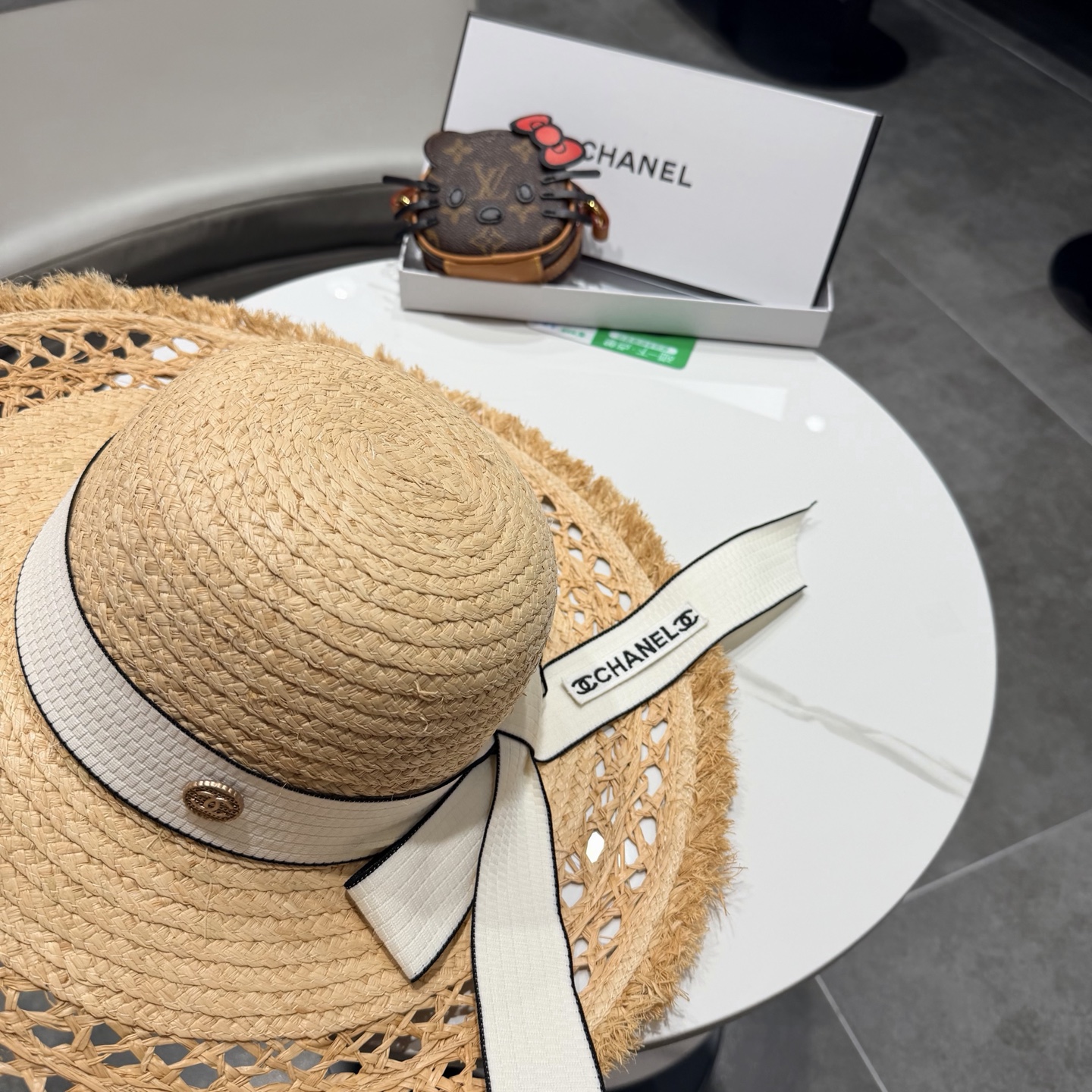 chabel香奈儿拉菲草帽飘带草帽大檐度假遮阳帽蝴蝶结沙滩防晒加厚拉菲草