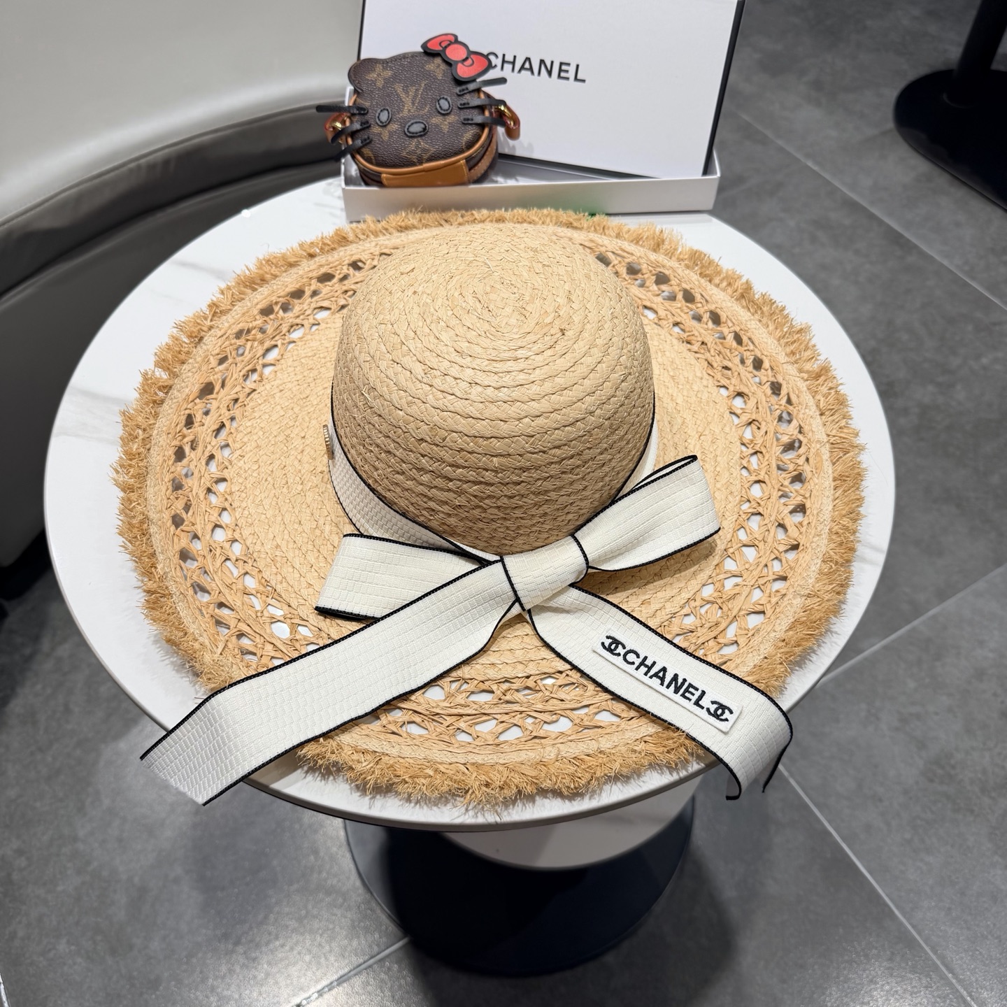 chabel香奈儿拉菲草帽飘带草帽大檐度假遮阳帽蝴蝶结沙滩防晒加厚拉菲草