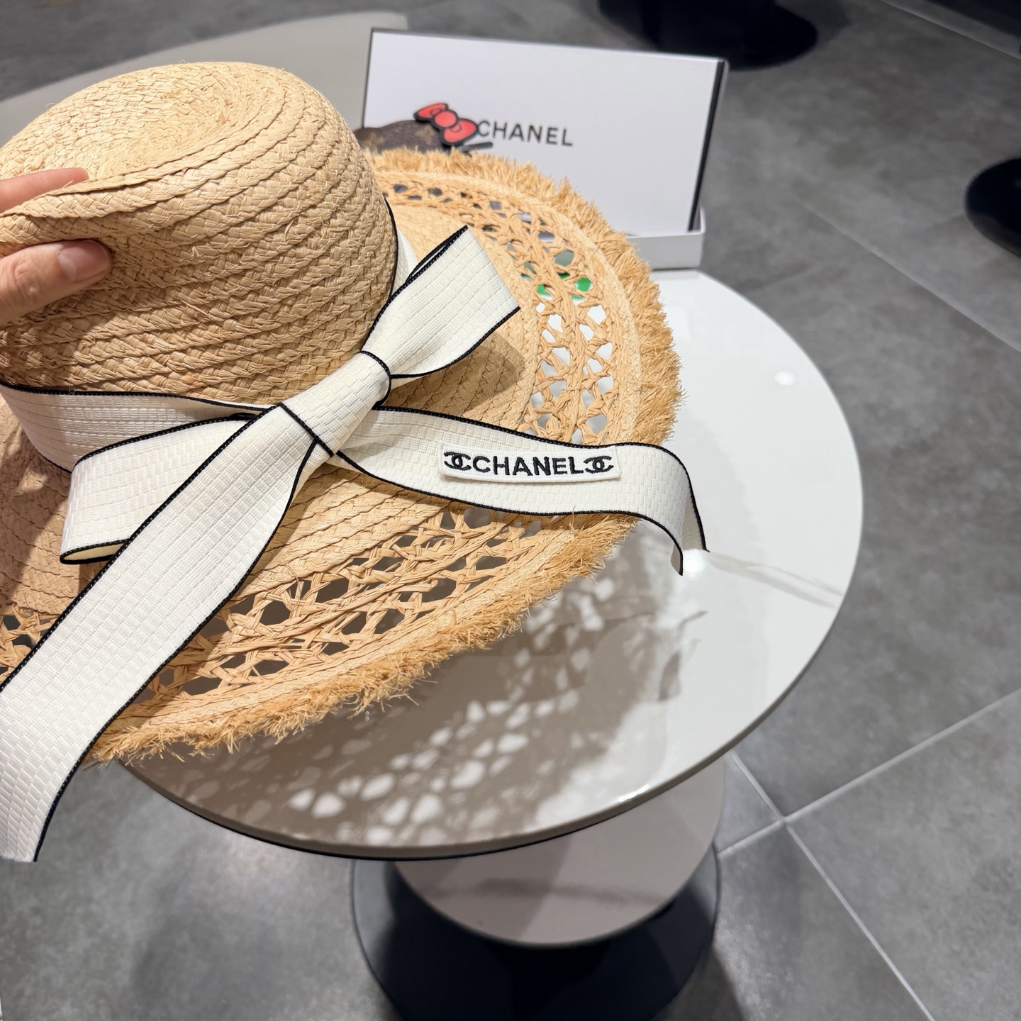 chabel香奈儿拉菲草帽飘带草帽大檐度假遮阳帽蝴蝶结沙滩防晒加厚拉菲草