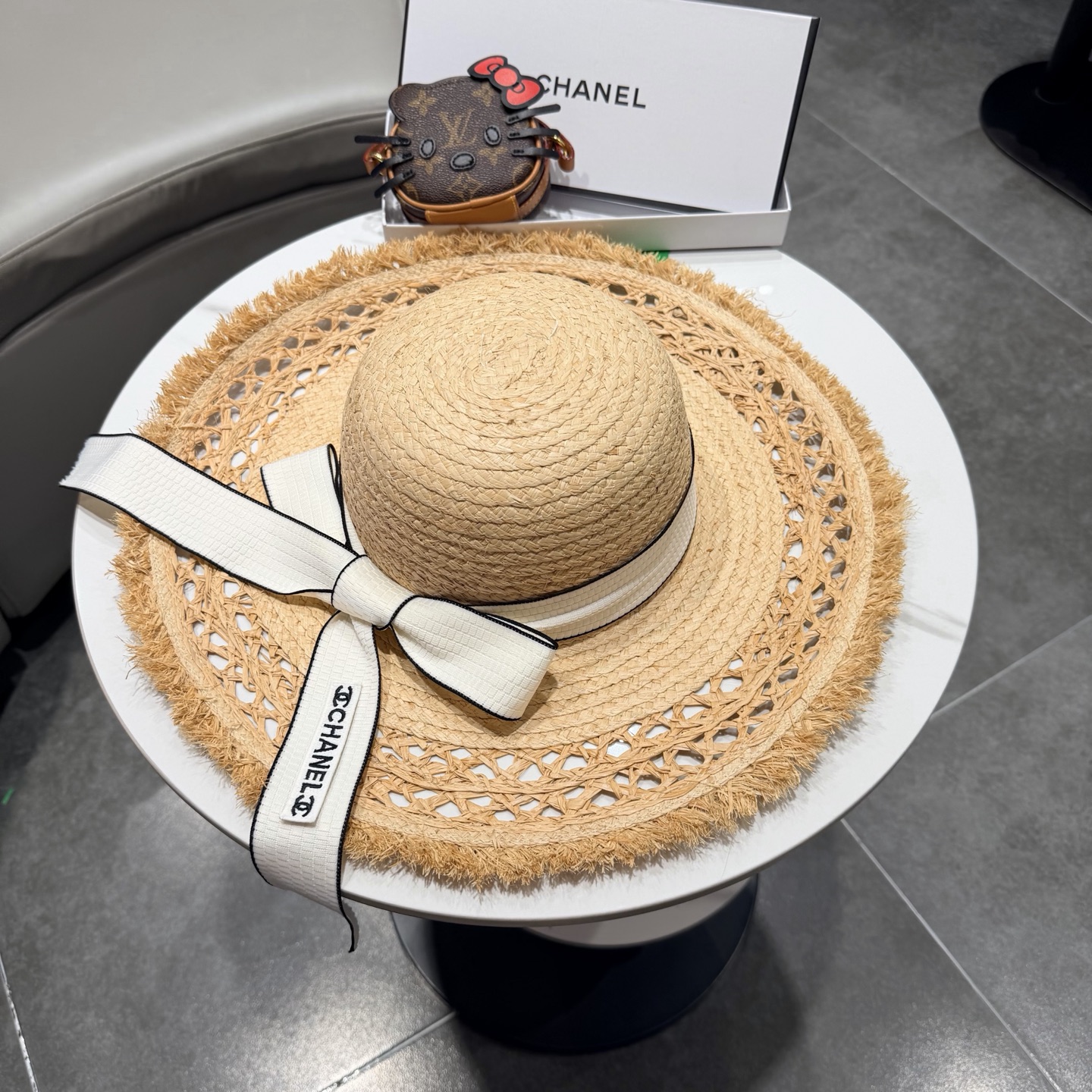 chabel香奈儿拉菲草帽飘带草帽大檐度假遮阳帽蝴蝶结沙滩防晒加厚拉菲草