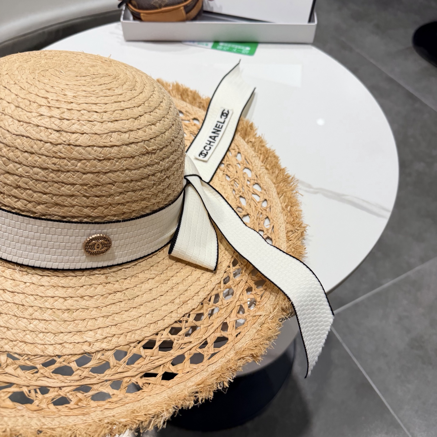 chabel香奈儿拉菲草帽飘带草帽大檐度假遮阳帽蝴蝶结沙滩防晒加厚拉菲草