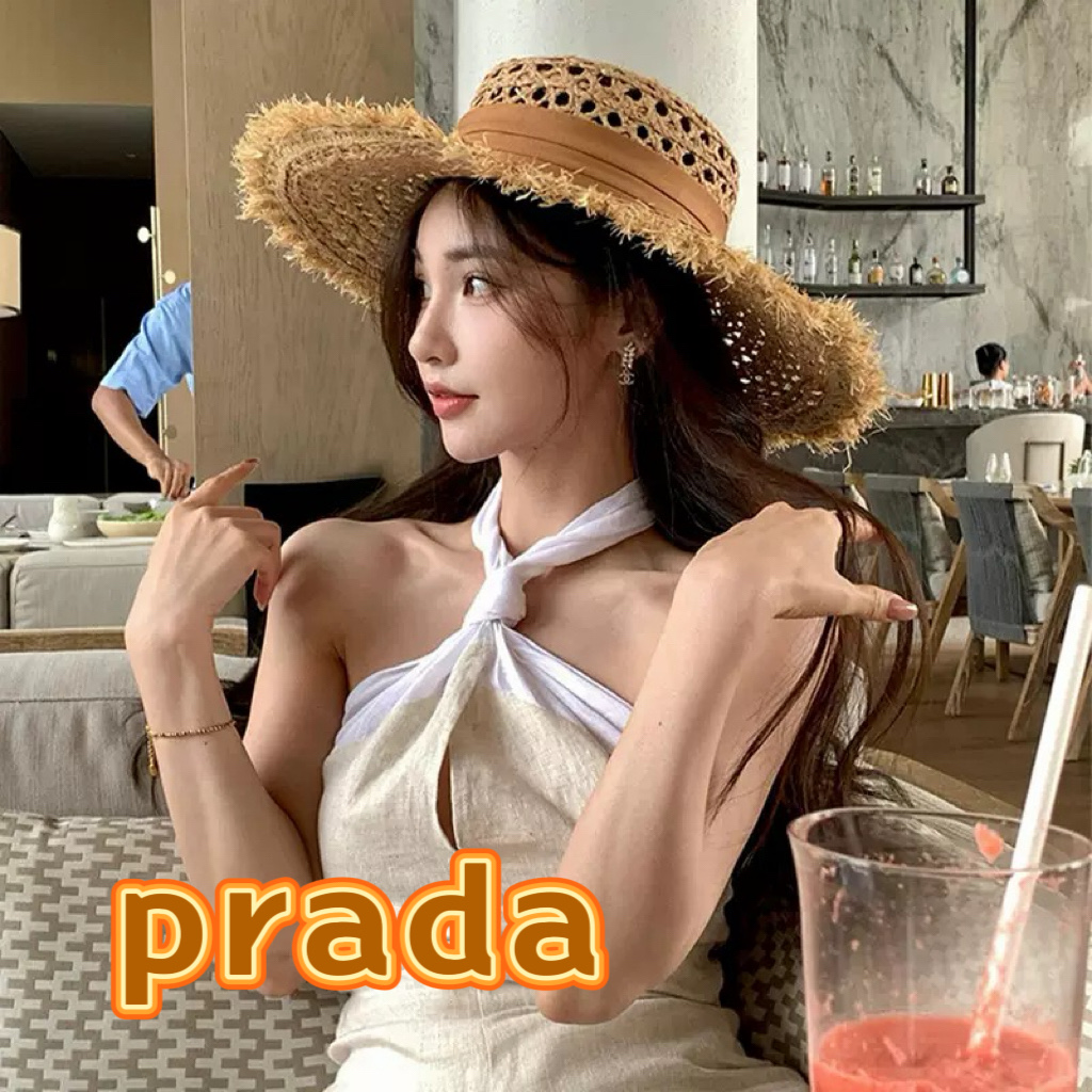 普拉达Prada新款草帽女夏天然拉菲草法式平顶遮阳帽度假大檐防晒镂空太阳帽子