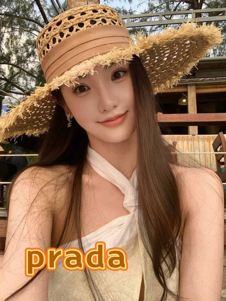 普拉达Prada新款草帽女夏天然拉菲草法式平顶遮阳帽度假大檐防晒镂空太阳帽子