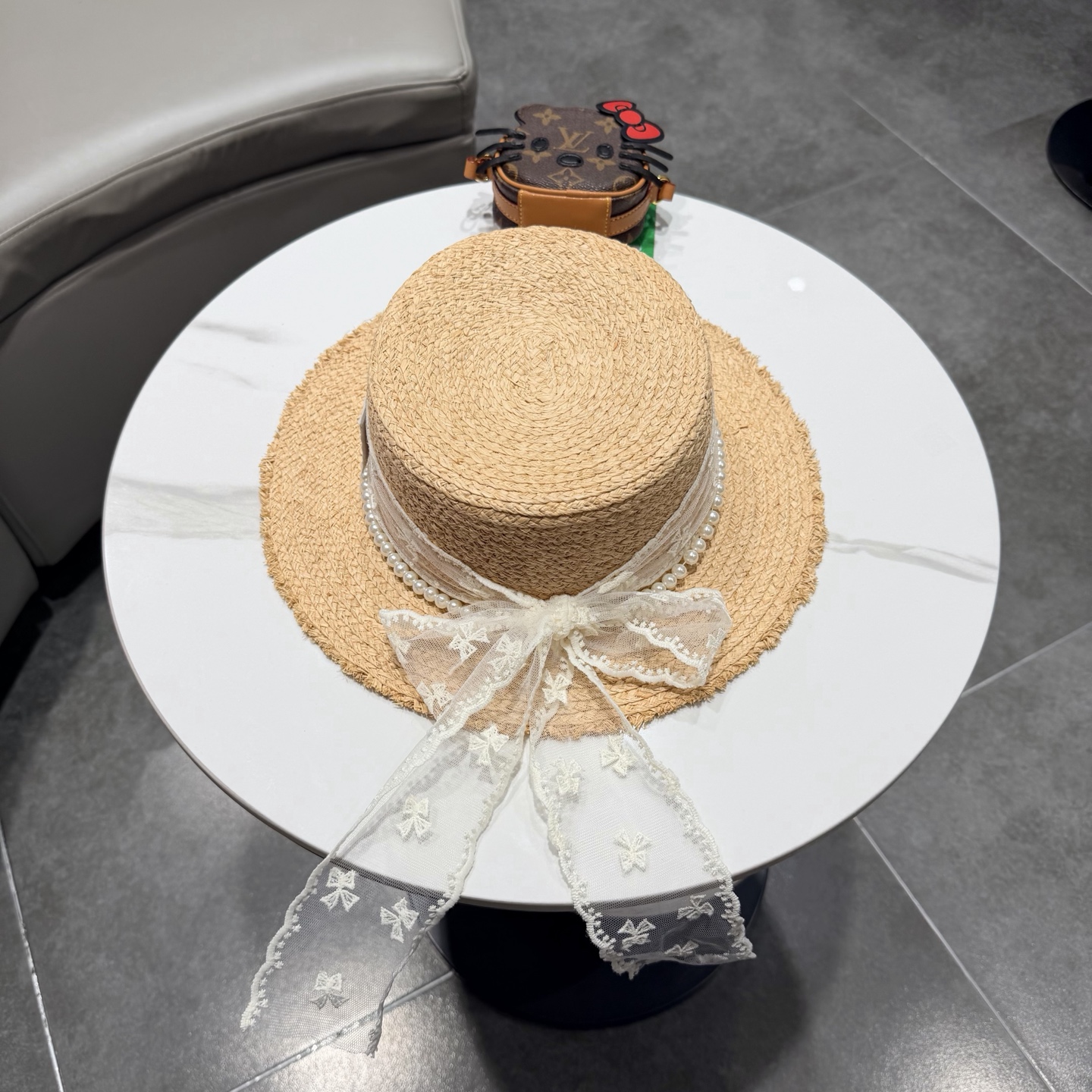 chanel法式小香风平顶礼帽夏季时尚珍珠蝴蝶结网纱拉菲草帽女太阳帽子潮