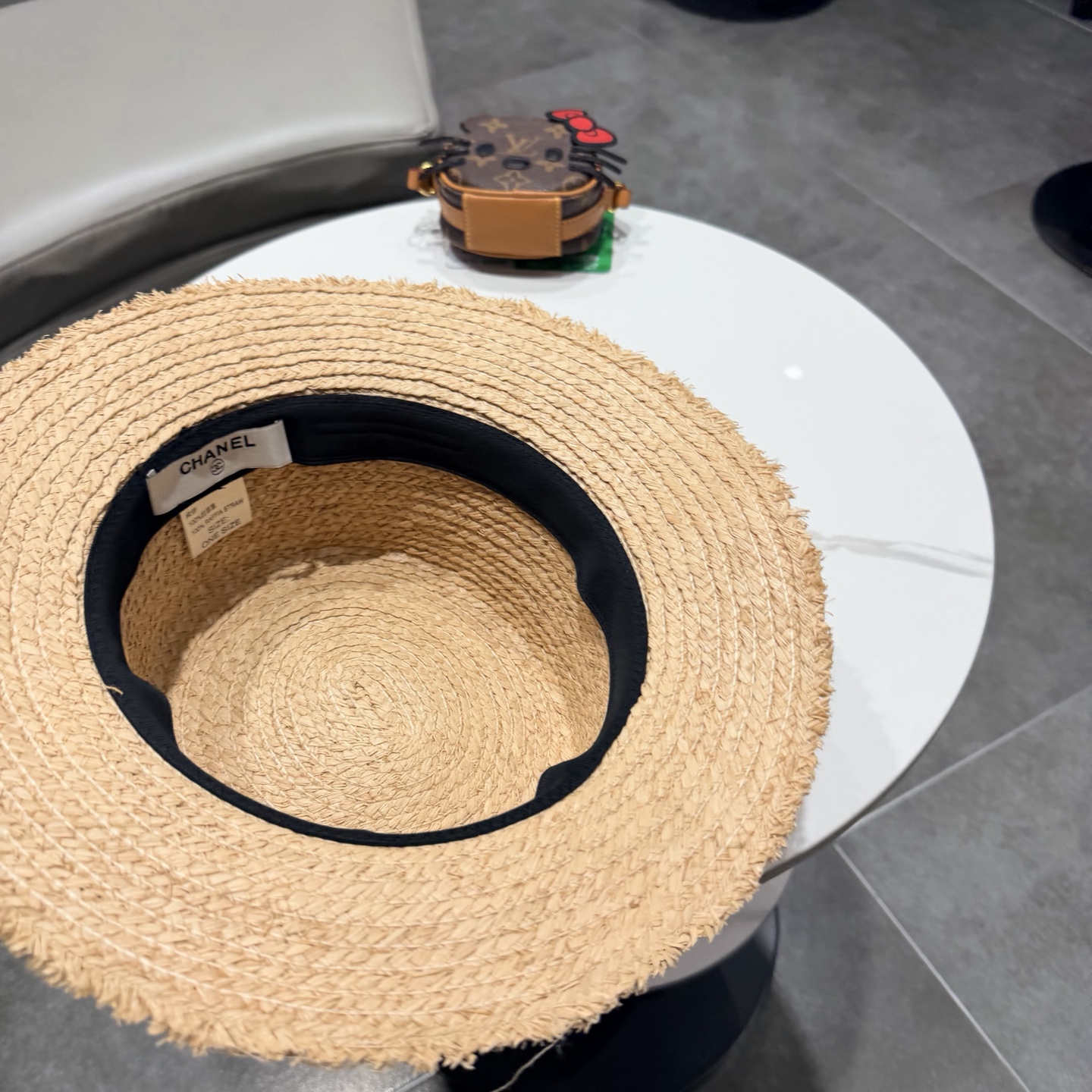 chanel法式小香风平顶礼帽夏季时尚珍珠蝴蝶结网纱拉菲草帽女太阳帽子潮