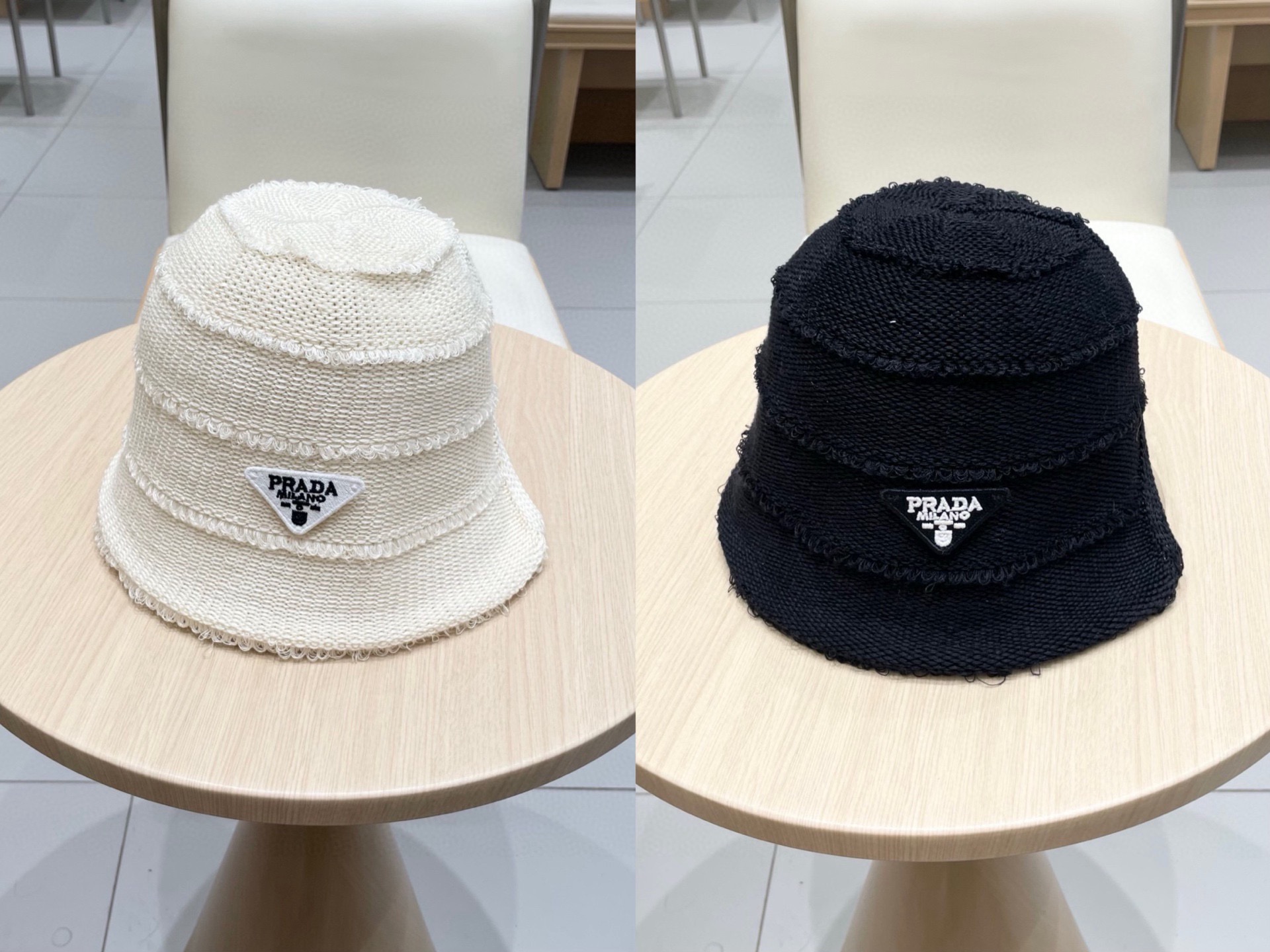 Prada普拉达2025新款高级感黑色系针织渔夫帽女盆帽休闲百搭显脸小遮阳防晒帽