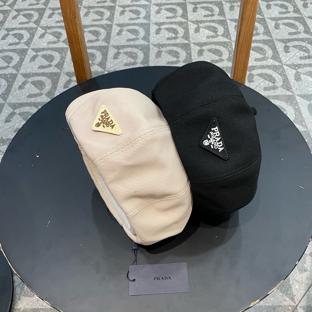 PRADA普拉达 贝雷帽女春秋款显脸小画家帽棕色韩系八角帽子大头围新款