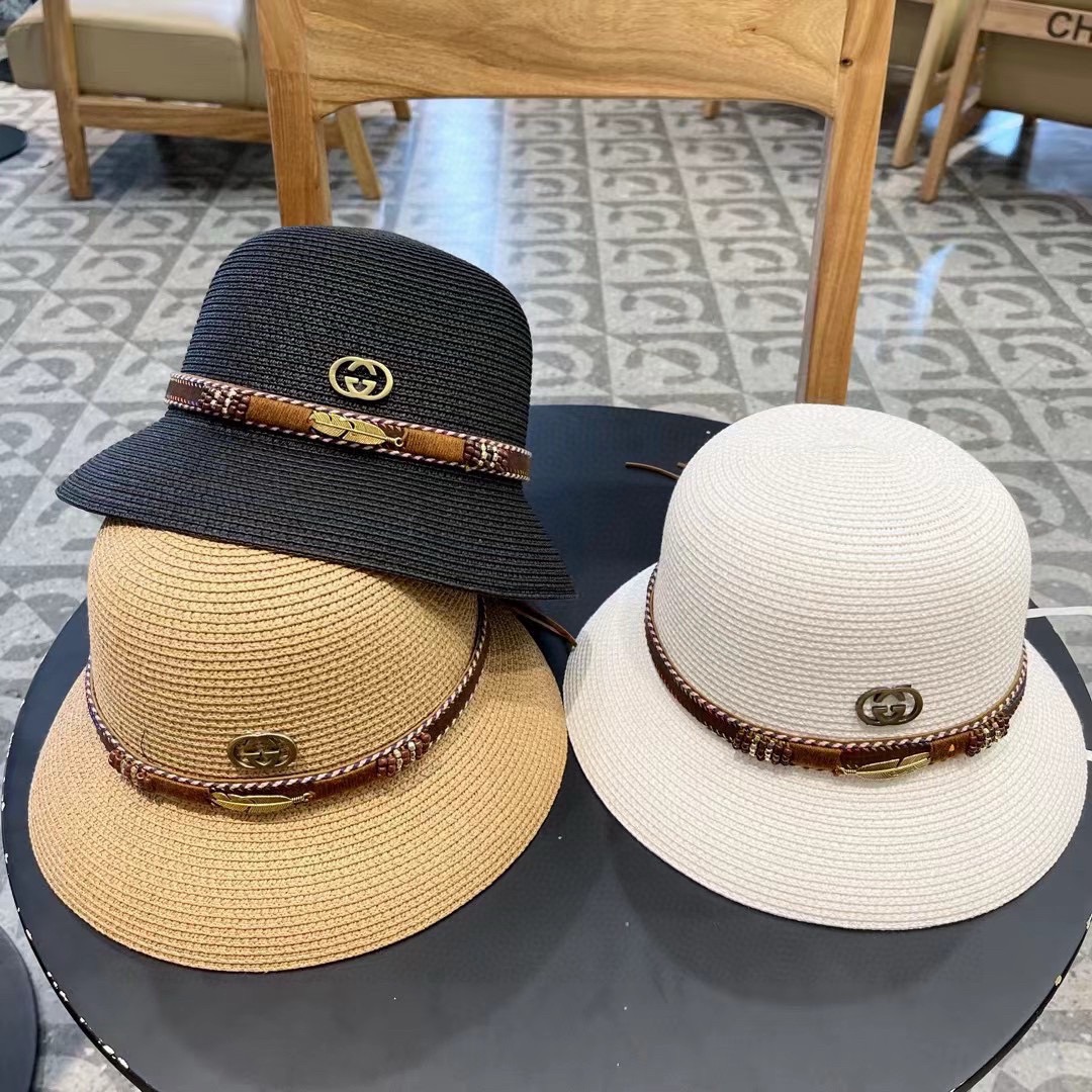 GUCC I古奇海边度假百搭圆顶草帽女出游遮阳防晒民族风礼帽女夏天沙滩太阳帽