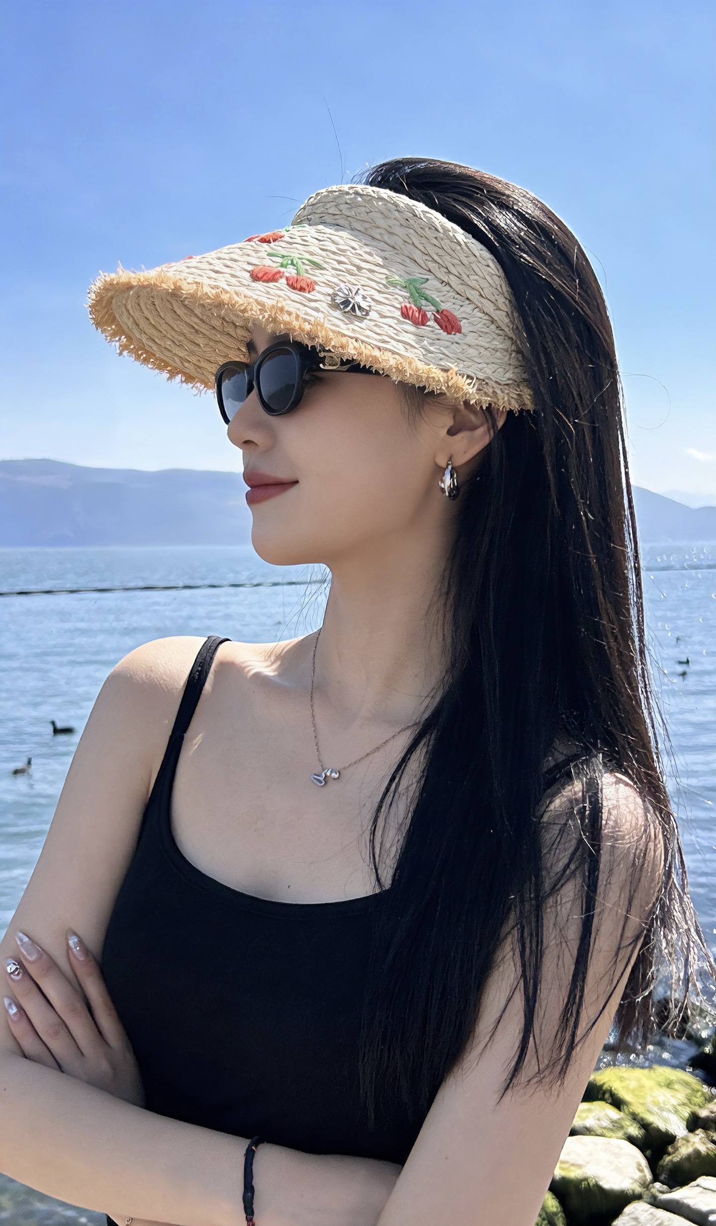 克罗心发箍式空顶草帽女帽子夏季多巴胺韩系防晒帽海边度假防晒遮阳帽子