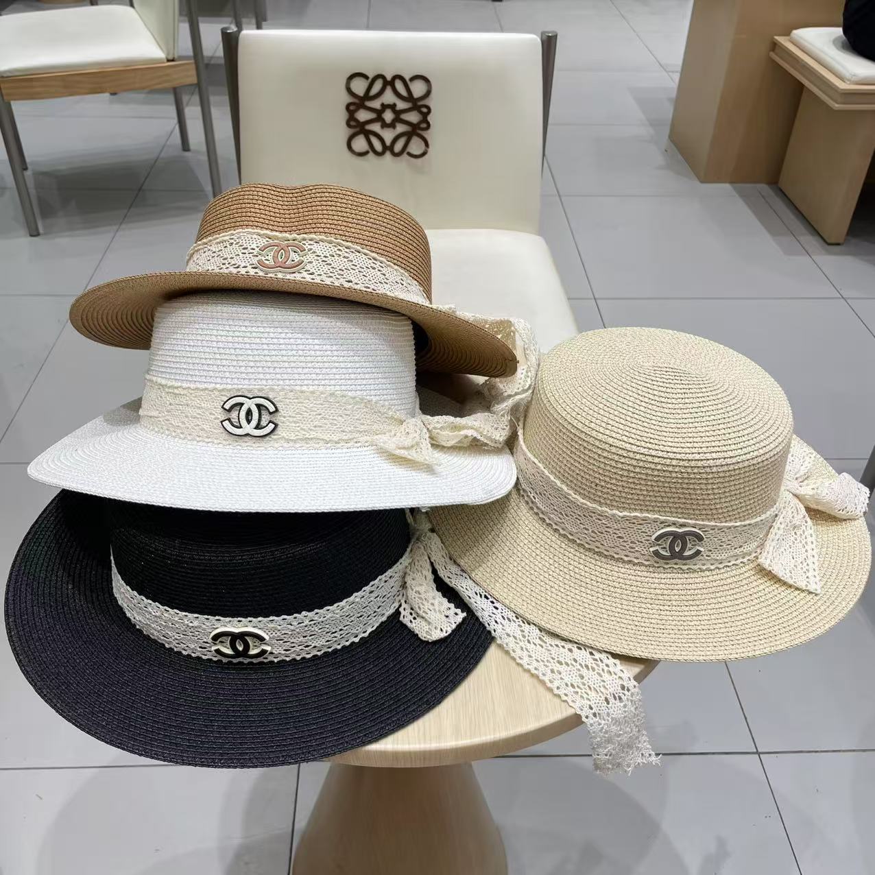 Chanel香奈儿新款礼帽，平顶蕾丝帽，草帽，头围57cm