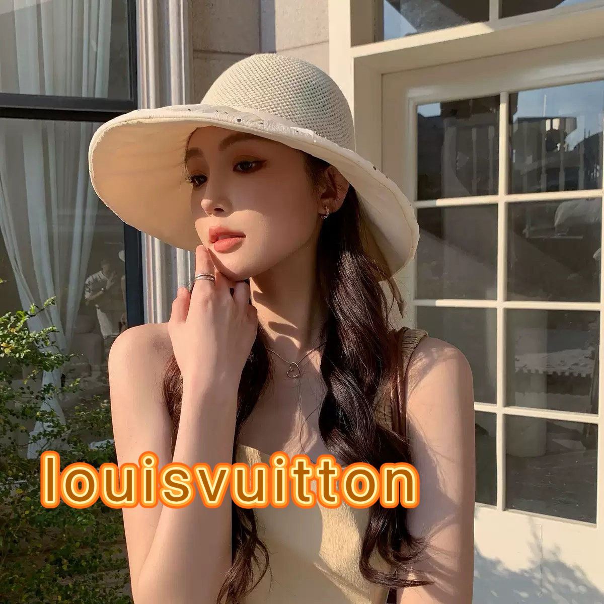 LV路易威登夏季新款帽子女户外遮阳帽波点泡泡纱防晒太阳帽遮脸渔夫帽可折叠