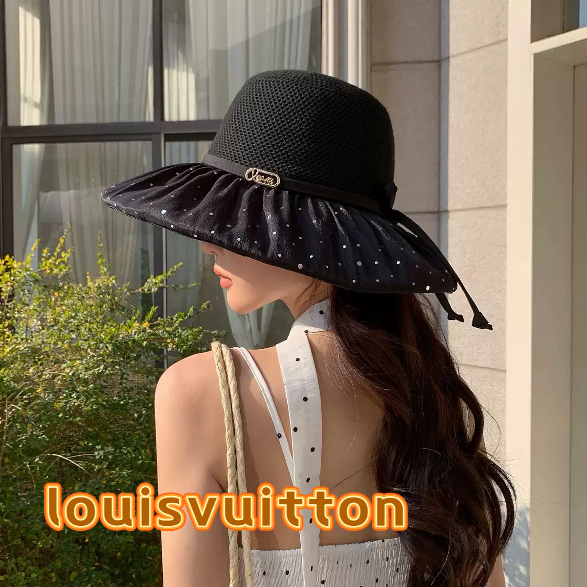 LV路易威登夏季新款帽子女户外遮阳帽波点泡泡纱防晒太阳帽遮脸渔夫帽可折叠