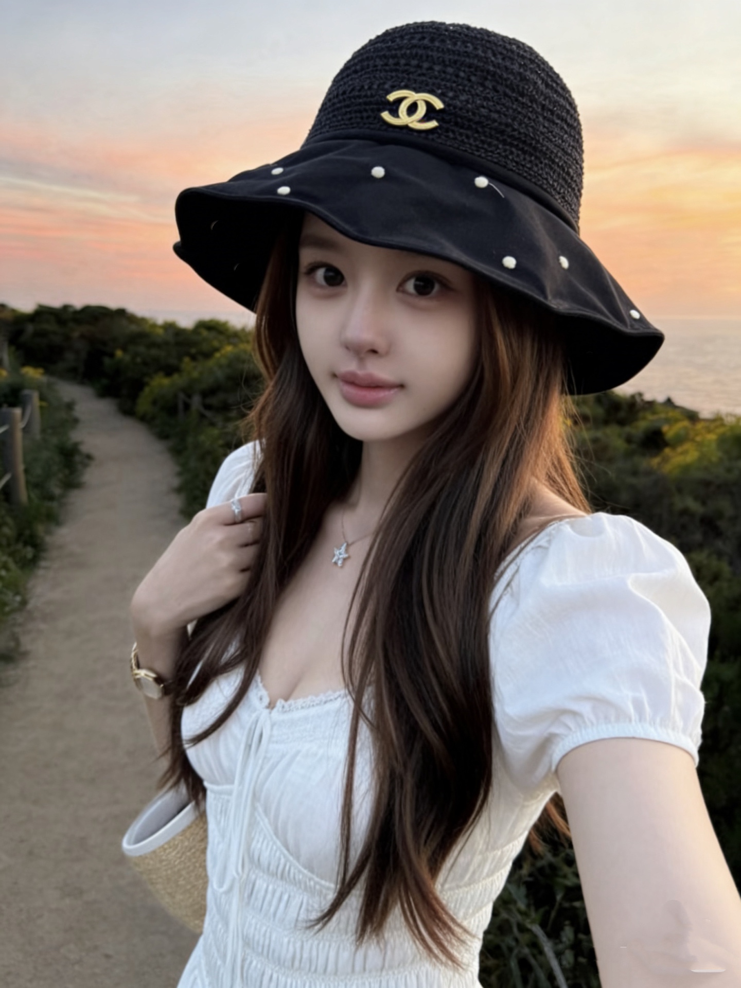 chanel设计高定定草手钩遮阳帽春夏遮阳帽女休闲渔夫帽草帽