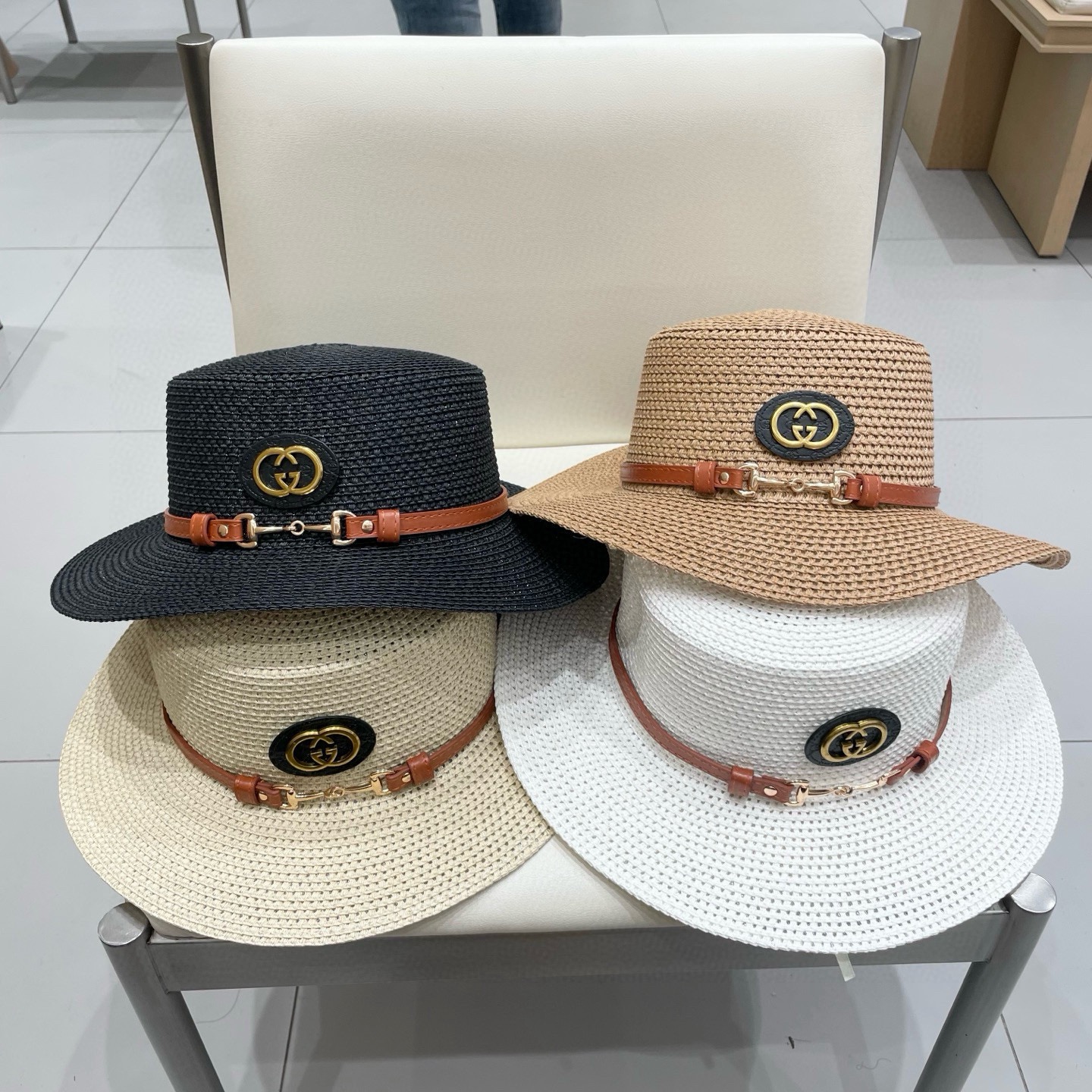 Gucci古奇2026原单皮带扣草帽，名媛平顶草帽制作，可折叠，携带方便，头围57cm