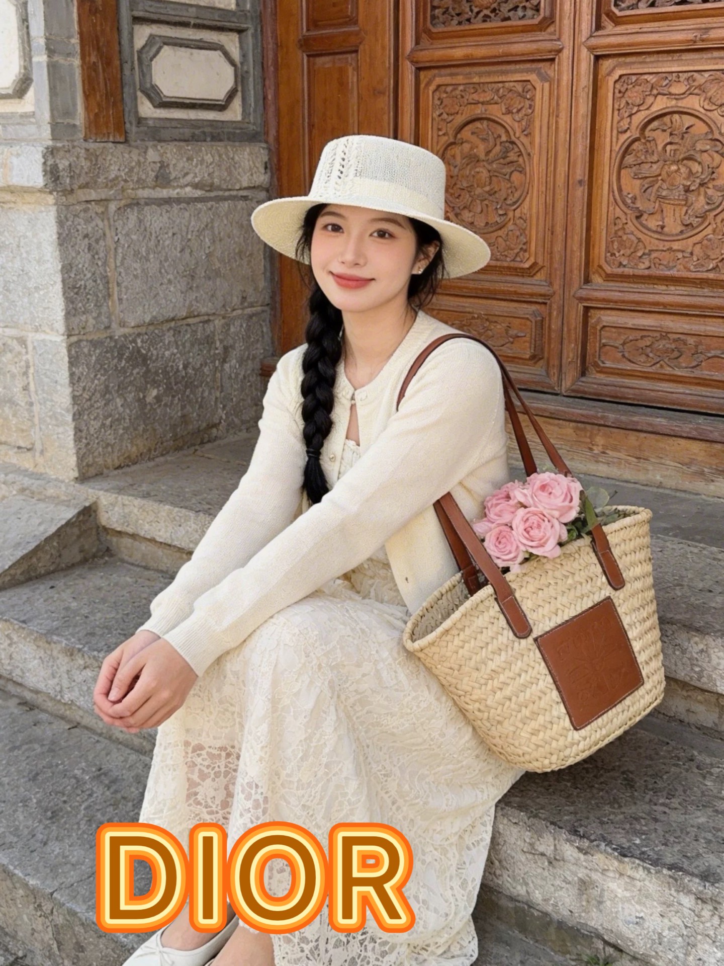 Dior迪奥温柔慵懒风镂空编织平顶礼帽女日系夏季宽檐遮阳帽透气针织帽子