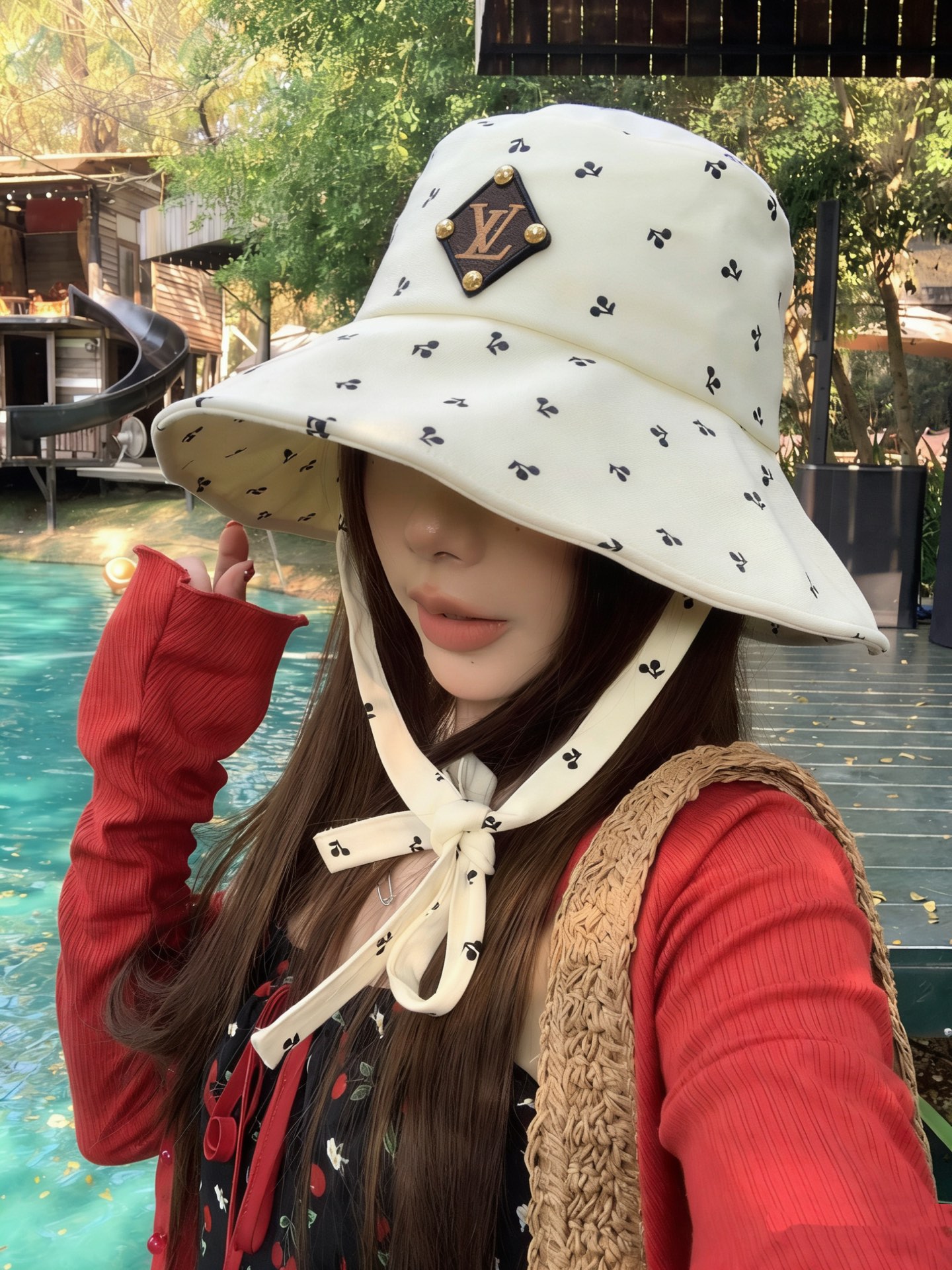 LV路易威登樱桃小丸！小清新樱桃绑带渔夫帽子女春夏大帽檐防晒遮阳帽