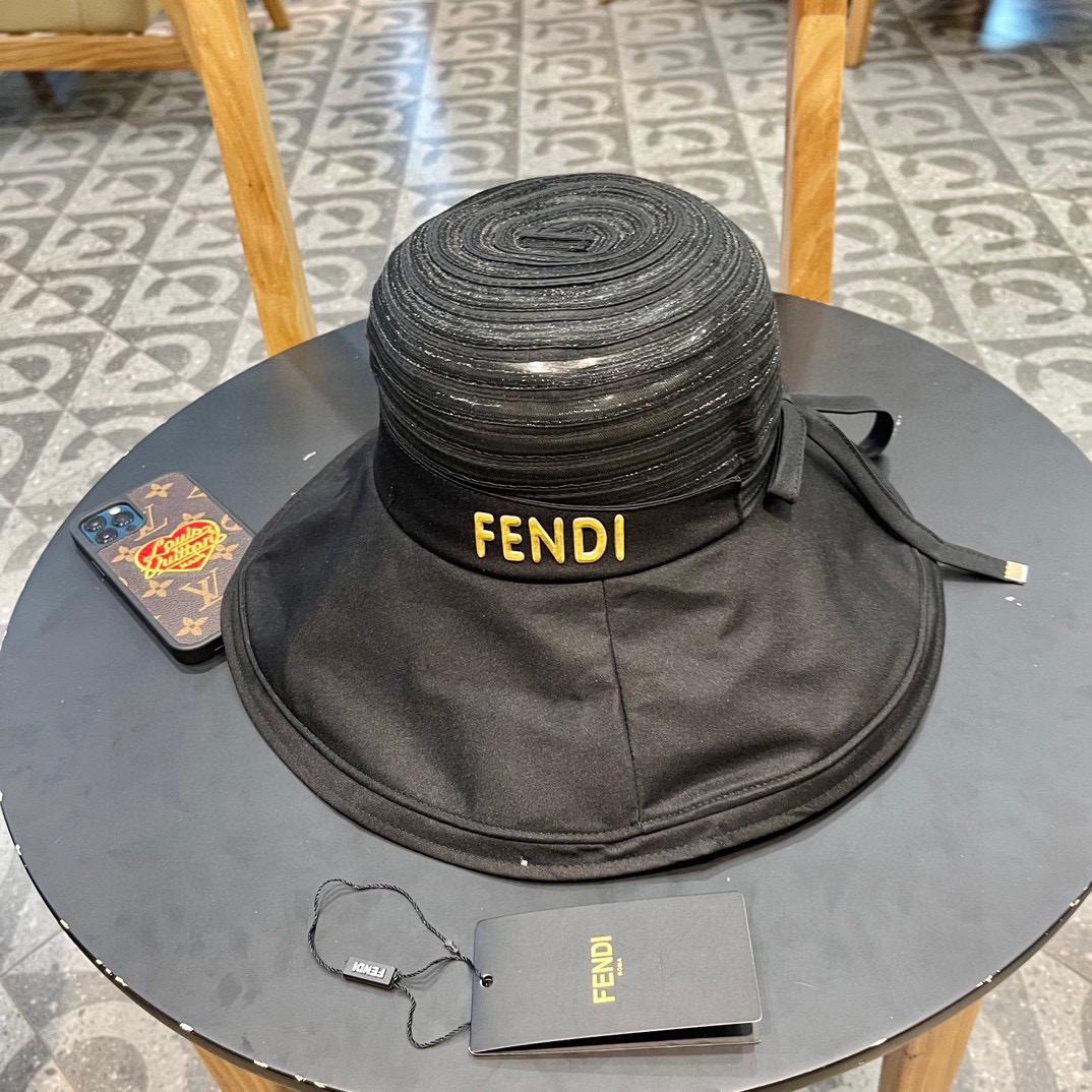 FENDI芬迪春款帽子女条纹网纱透气蝴蝶结渔夫帽大帽檐遮阳帽夏季防晒太阳帽