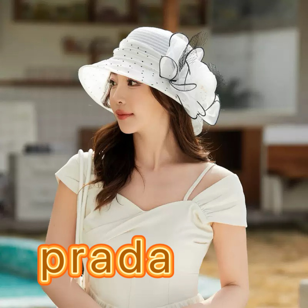 Prada普拉达女欧根纱太阳帽小沿精致手工大花朵防晒礼帽欧美风网纱帽