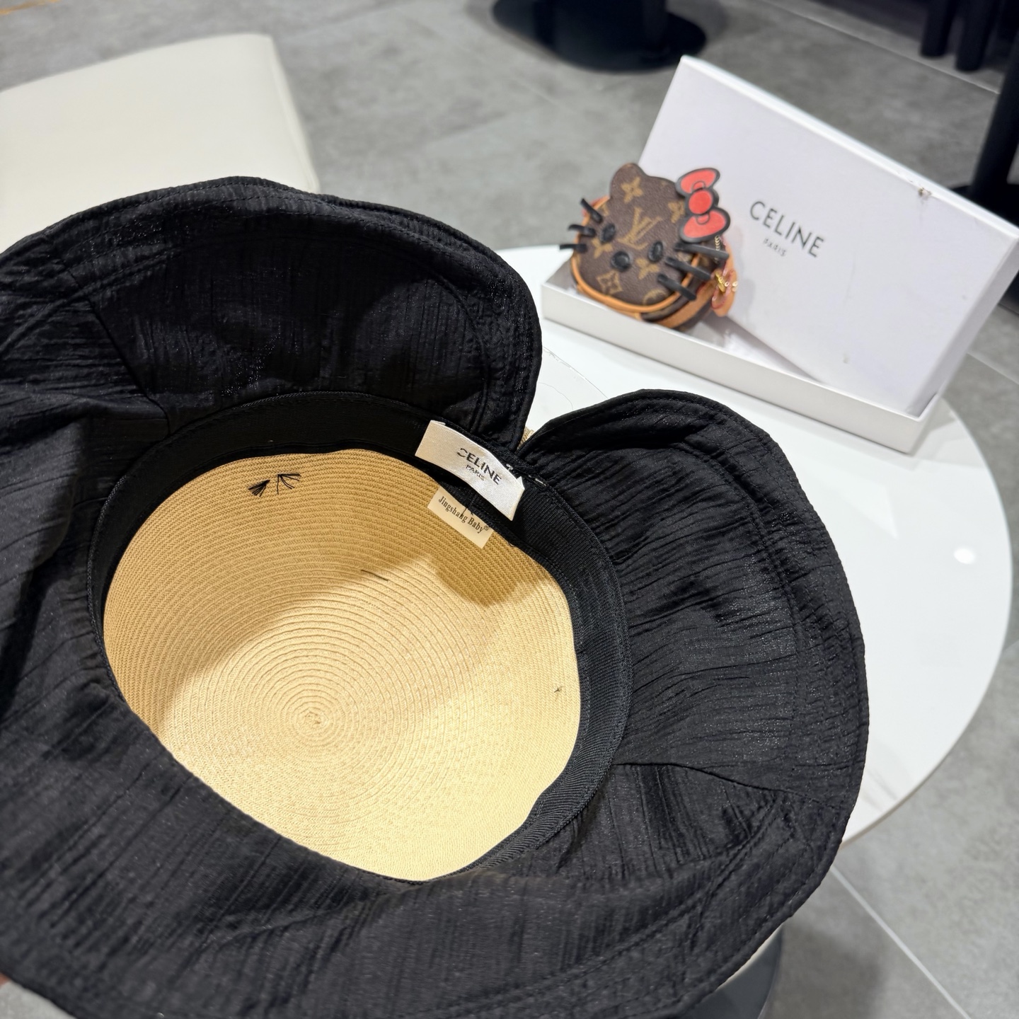 赛琳celine蝴蝶结渔夫帽女春夏遮阳防晒盆帽布草拼接太阳帽大帽檐显脸小