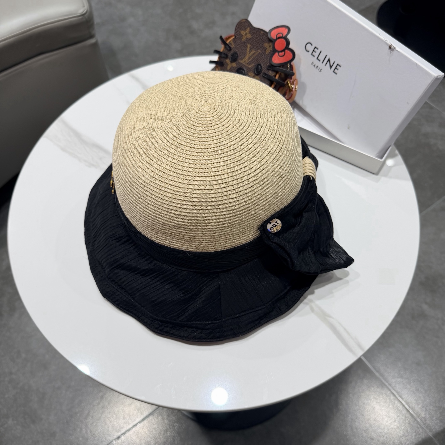 赛琳celine蝴蝶结渔夫帽女春夏遮阳防晒盆帽布草拼接太阳帽大帽檐显脸小