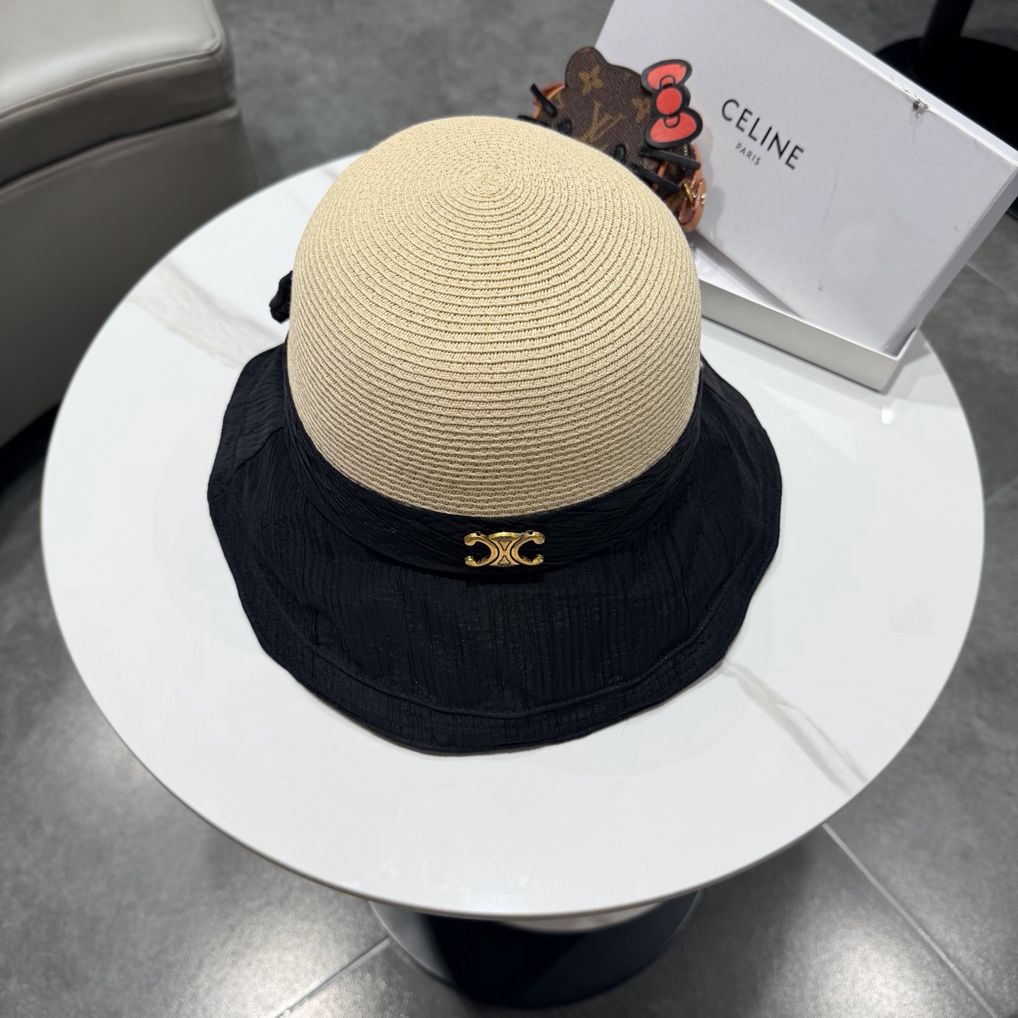 赛琳celine蝴蝶结渔夫帽女春夏遮阳防晒盆帽布草拼接太阳帽大帽檐显脸小