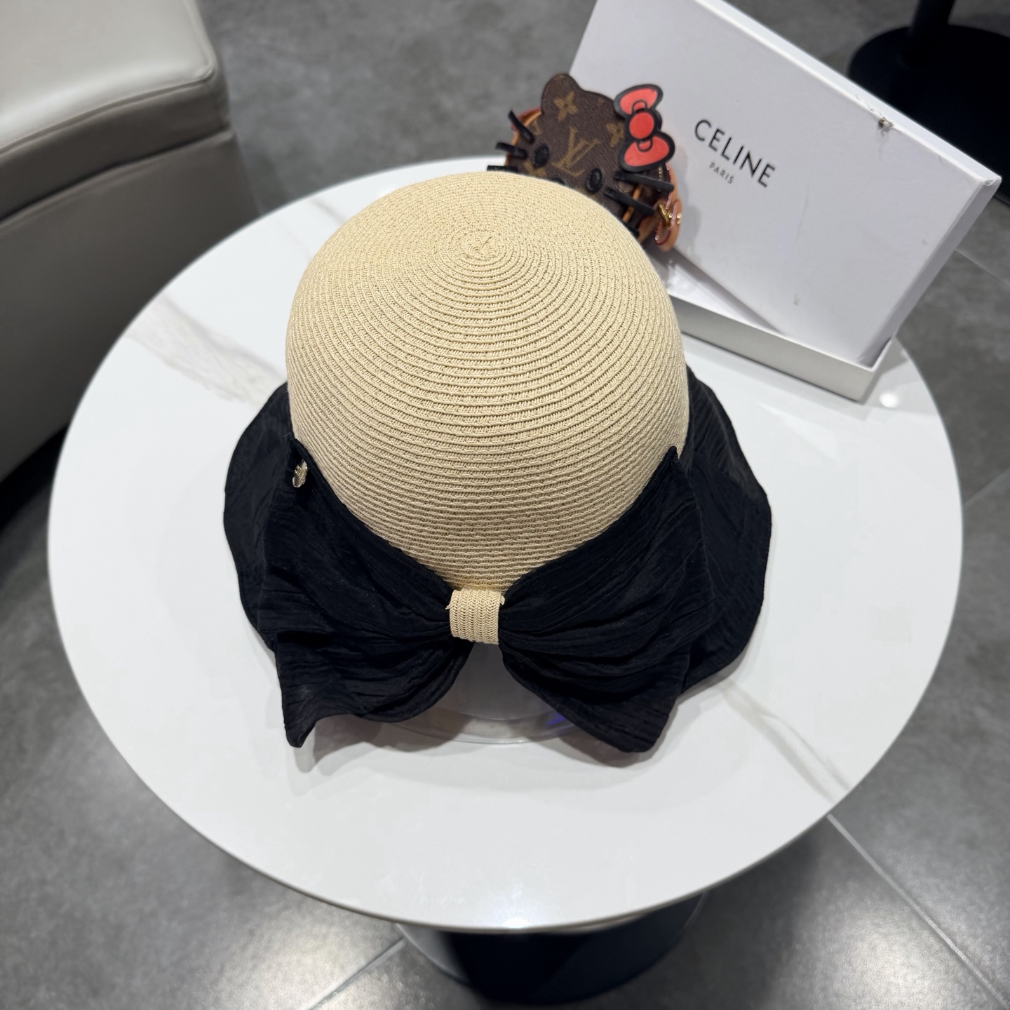 赛琳celine蝴蝶结渔夫帽女春夏遮阳防晒盆帽布草拼接太阳帽大帽檐显脸小