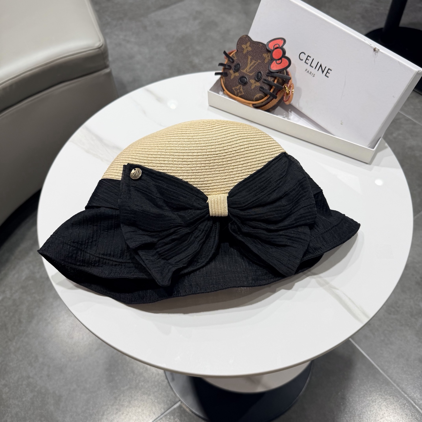 赛琳celine蝴蝶结渔夫帽女春夏遮阳防晒盆帽布草拼接太阳帽大帽檐显脸小