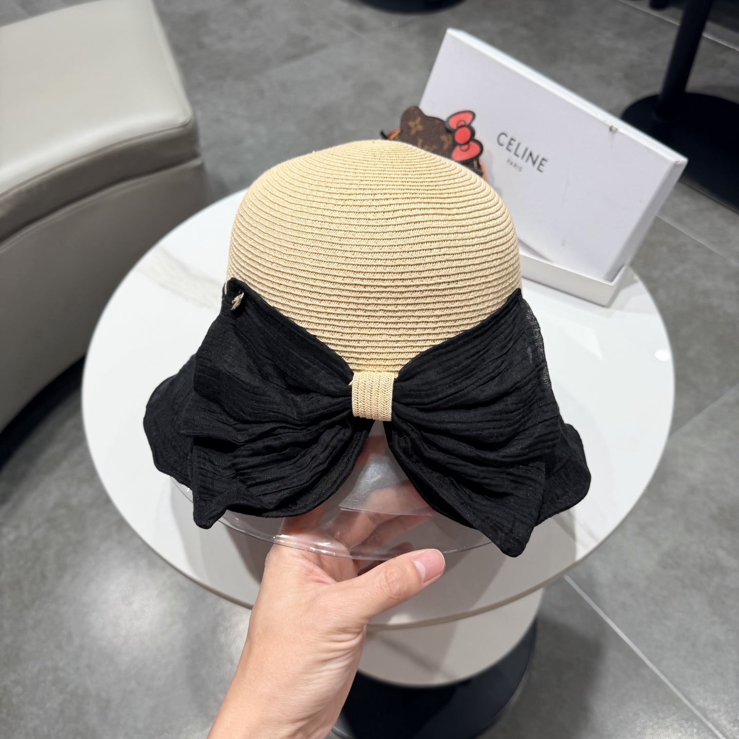 赛琳celine蝴蝶结渔夫帽女春夏遮阳防晒盆帽布草拼接太阳帽大帽檐显脸小