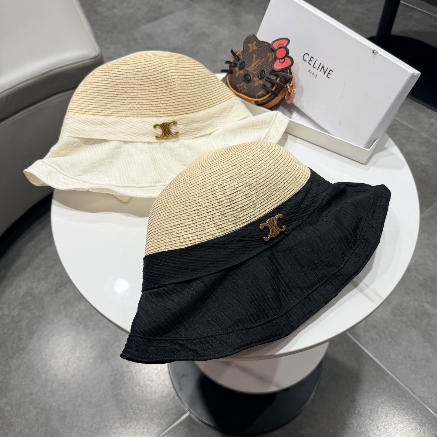 赛琳celine蝴蝶结渔夫帽女春夏遮阳防晒盆帽布草拼接太阳帽大帽檐显脸小