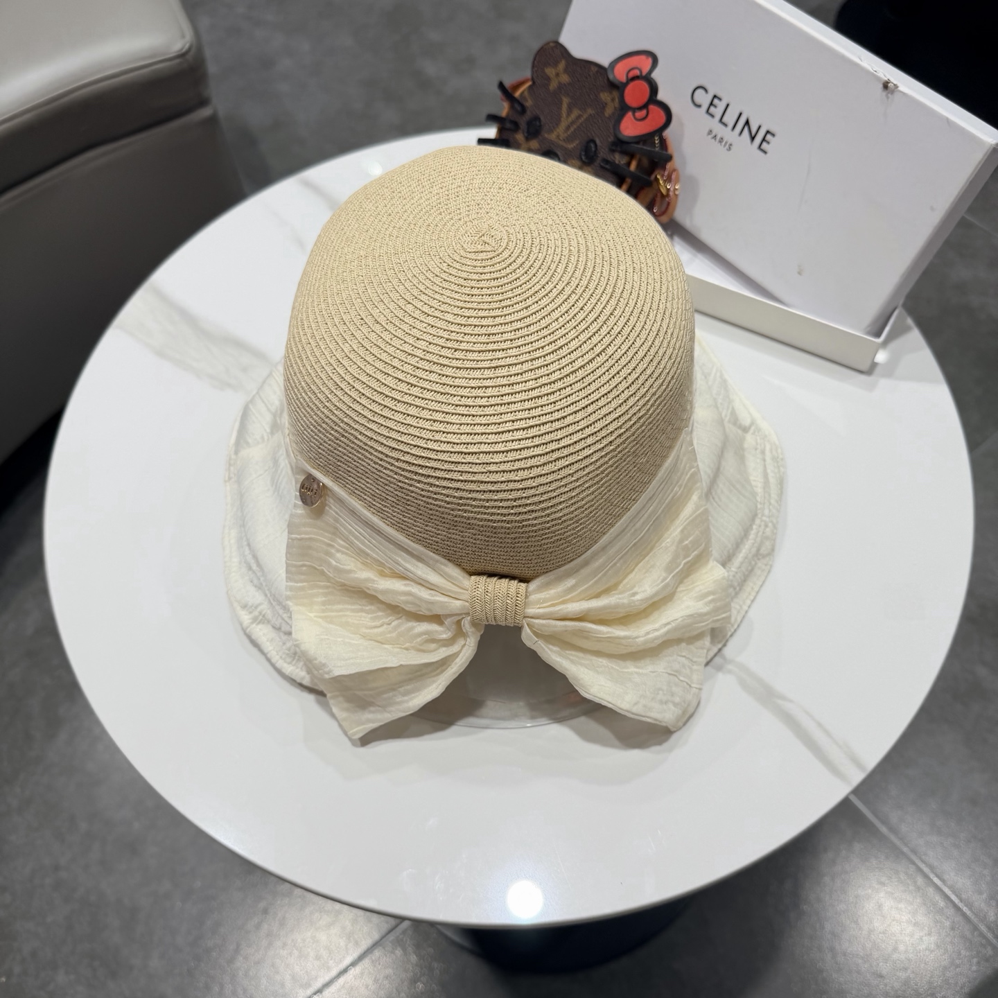 赛琳celine蝴蝶结渔夫帽女春夏遮阳防晒盆帽布草拼接太阳帽大帽檐显脸小