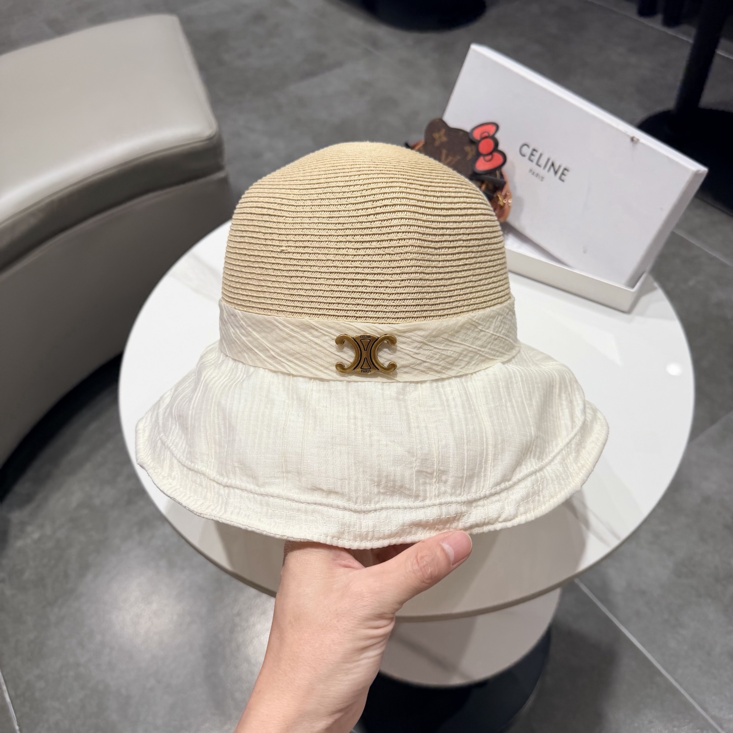 赛琳celine蝴蝶结渔夫帽女春夏遮阳防晒盆帽布草拼接太阳帽大帽檐显脸小