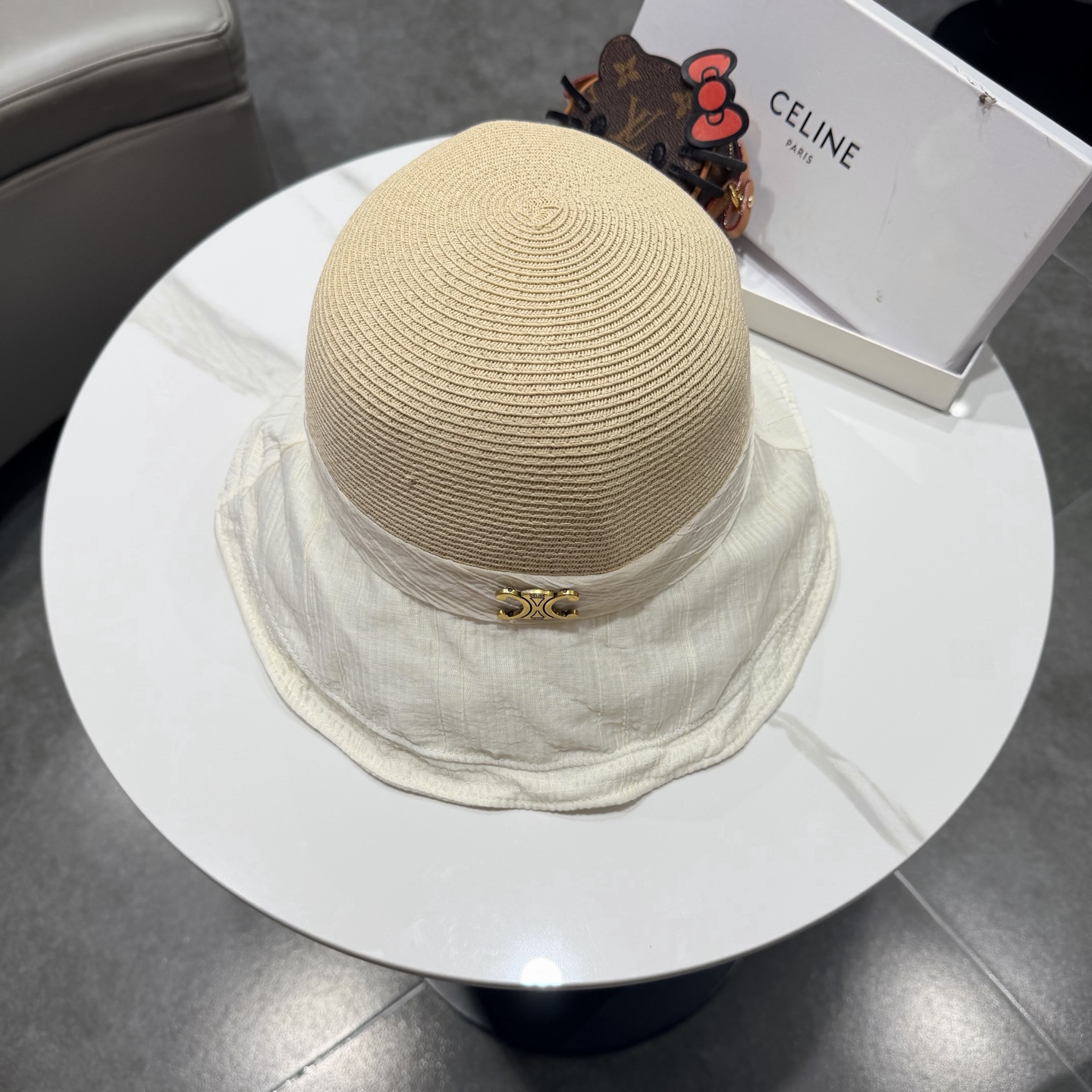 赛琳celine蝴蝶结渔夫帽女春夏遮阳防晒盆帽布草拼接太阳帽大帽檐显脸小