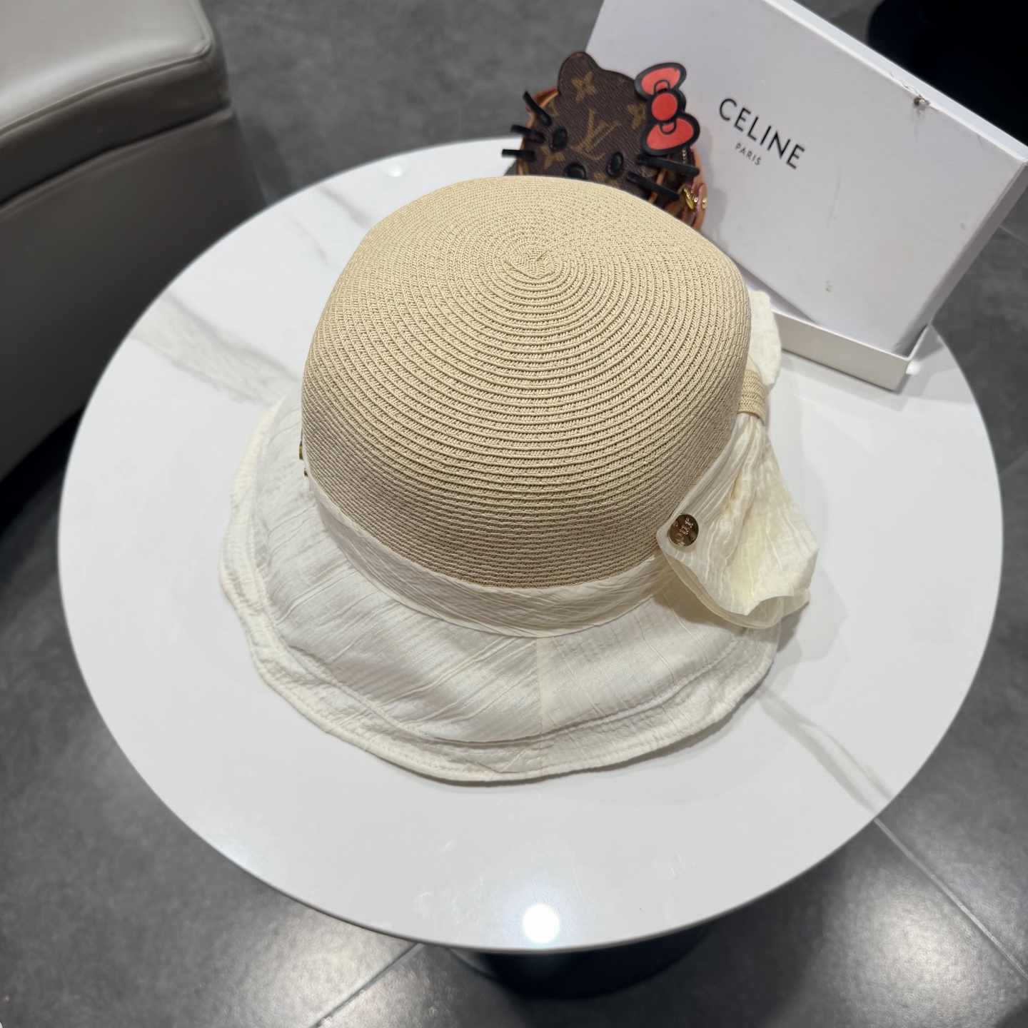 赛琳celine蝴蝶结渔夫帽女春夏遮阳防晒盆帽布草拼接太阳帽大帽檐显脸小