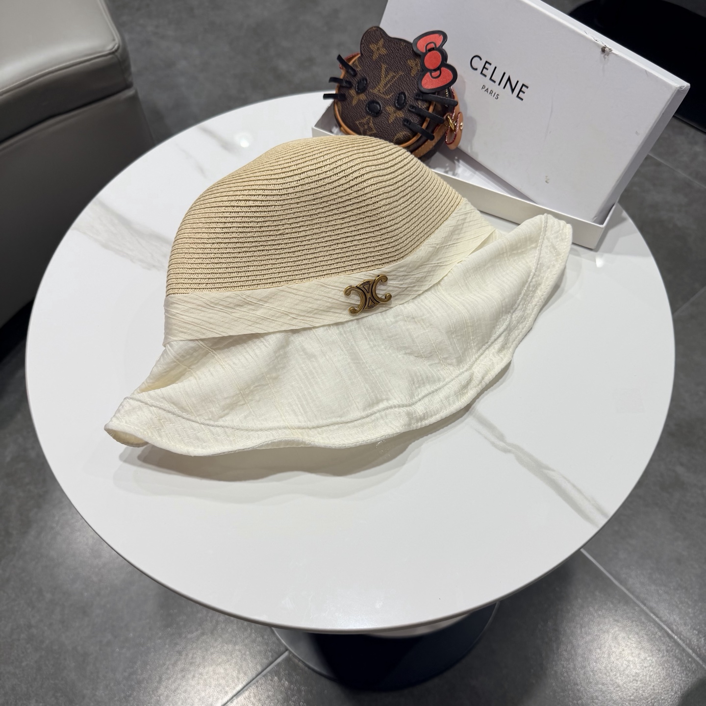 赛琳celine蝴蝶结渔夫帽女春夏遮阳防晒盆帽布草拼接太阳帽大帽檐显脸小