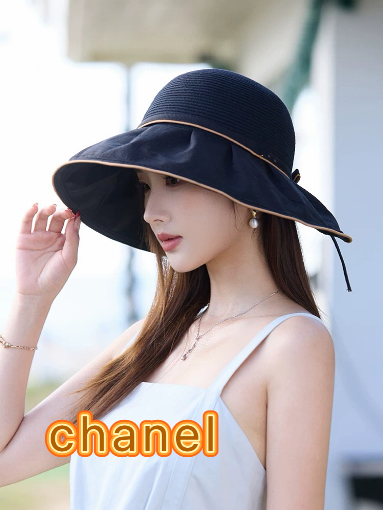 chanel香奈儿2026新款夏季防晒大檐草编渔夫帽女防紫外线遮阳帽沙滩度假防晒帽。