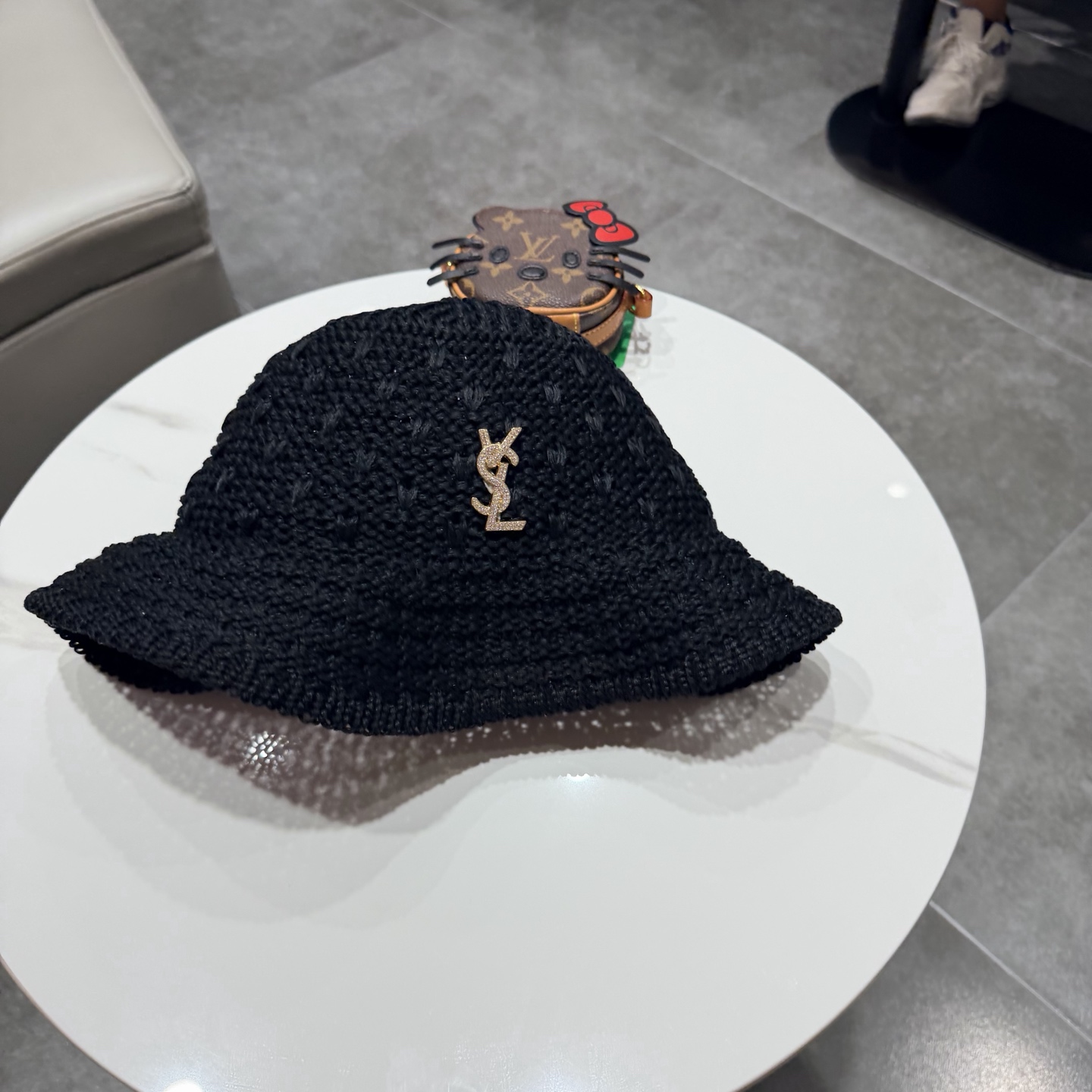 圣罗兰SAINT LAURENT 春夏季针织镂空撞色条纹水桶帽女百搭防晒出游遮阳帽渔夫帽显脸小
