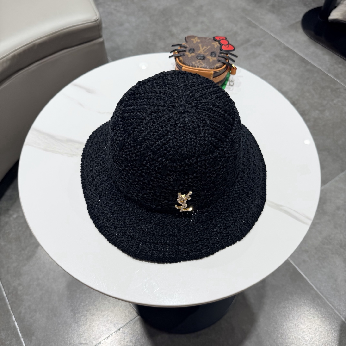 圣罗兰SAINT LAURENT 春夏季针织镂空撞色条纹水桶帽女百搭防晒出游遮阳帽渔夫帽显脸小