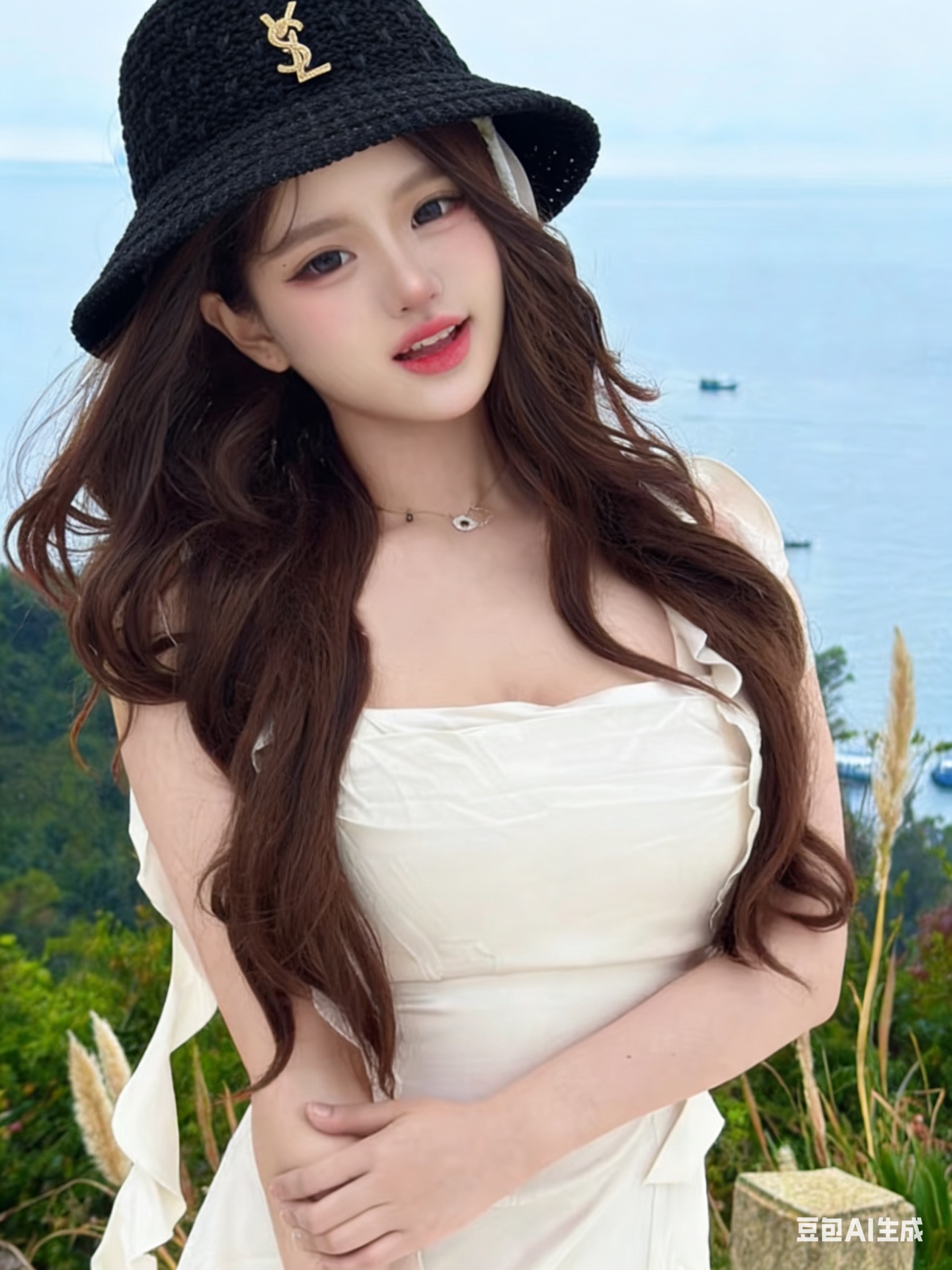 圣罗兰SAINT LAURENT 春夏季针织镂空撞色条纹水桶帽女百搭防晒出游遮阳帽渔夫帽显脸小