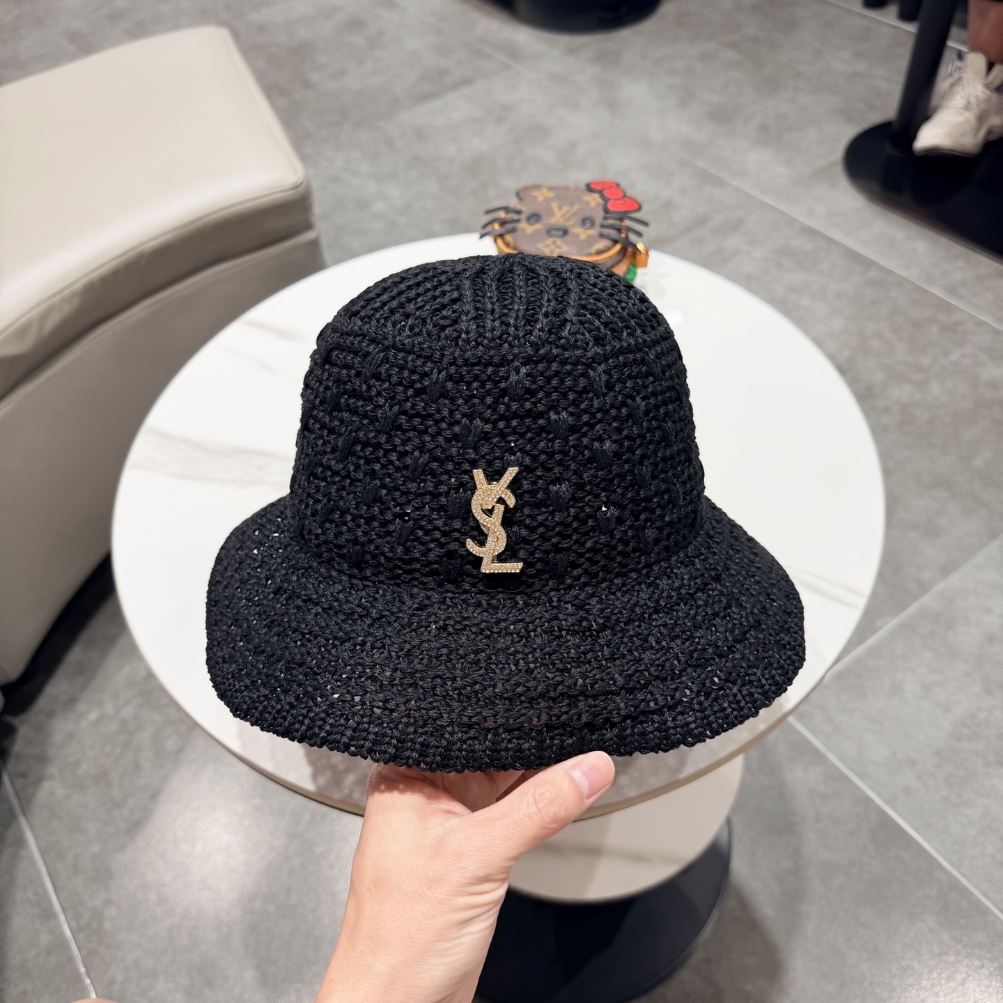 圣罗兰SAINT LAURENT 春夏季针织镂空撞色条纹水桶帽女百搭防晒出游遮阳帽渔夫帽显脸小