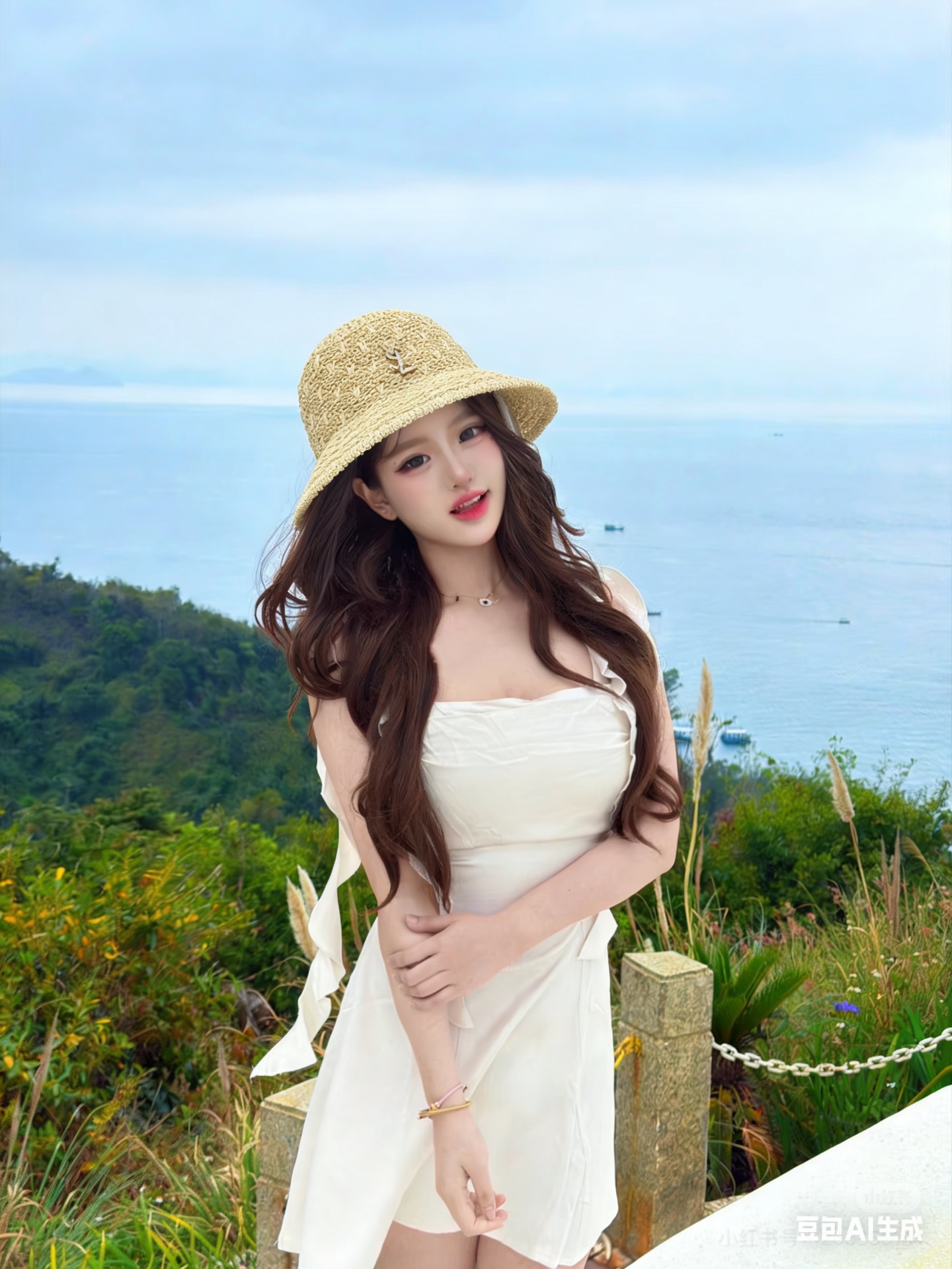 圣罗兰SAINT LAURENT 春夏季针织镂空撞色条纹水桶帽女百搭防晒出游遮阳帽渔夫帽显脸小