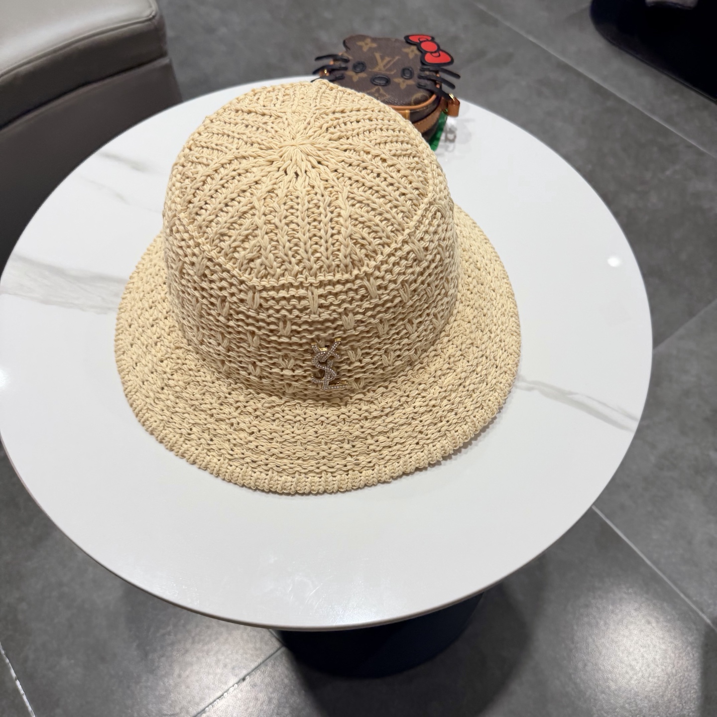 圣罗兰SAINT LAURENT 春夏季针织镂空撞色条纹水桶帽女百搭防晒出游遮阳帽渔夫帽显脸小