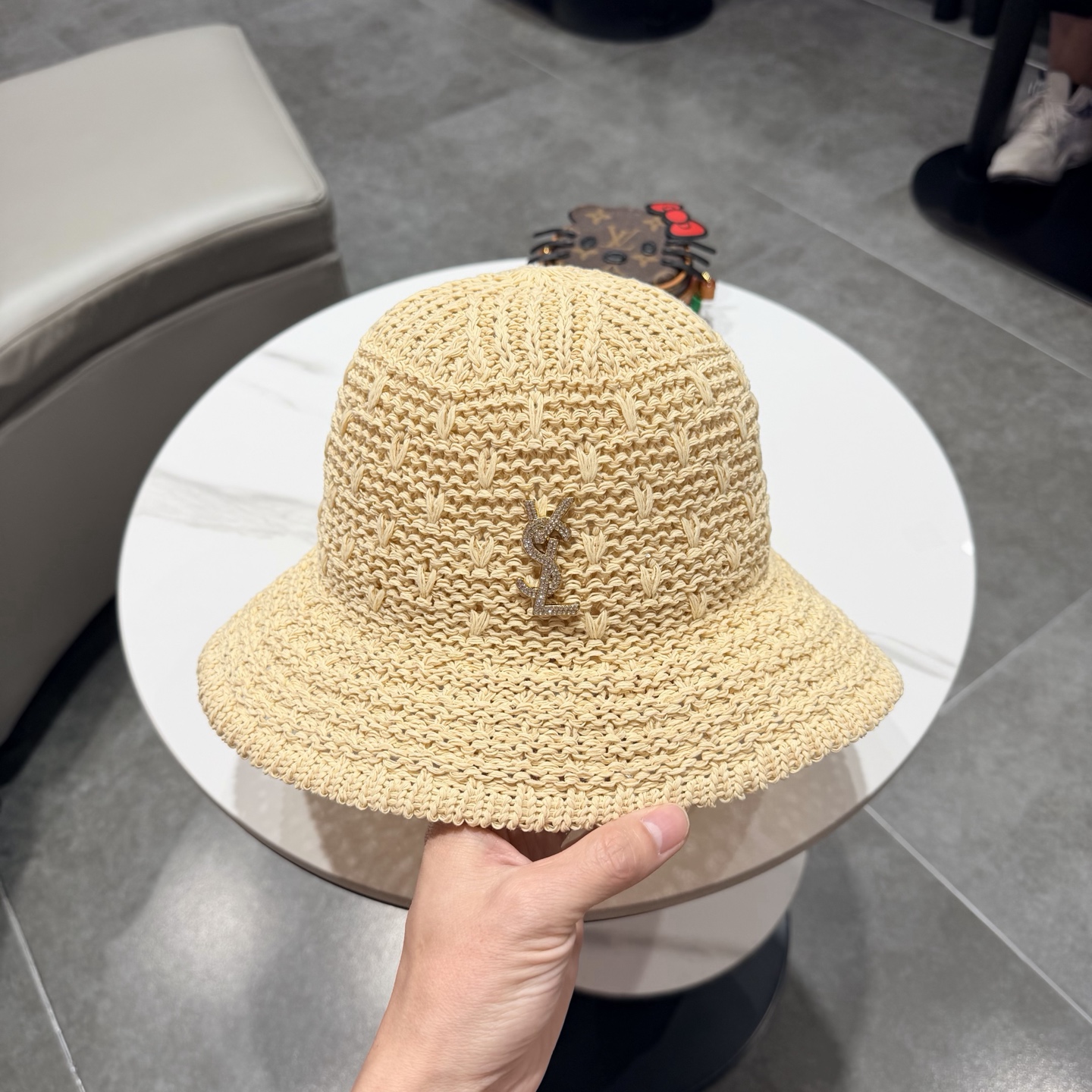 圣罗兰SAINT LAURENT 春夏季针织镂空撞色条纹水桶帽女百搭防晒出游遮阳帽渔夫帽显脸小