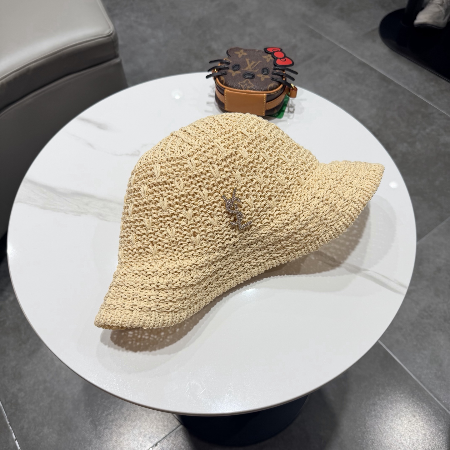 圣罗兰SAINT LAURENT 春夏季针织镂空撞色条纹水桶帽女百搭防晒出游遮阳帽渔夫帽显脸小