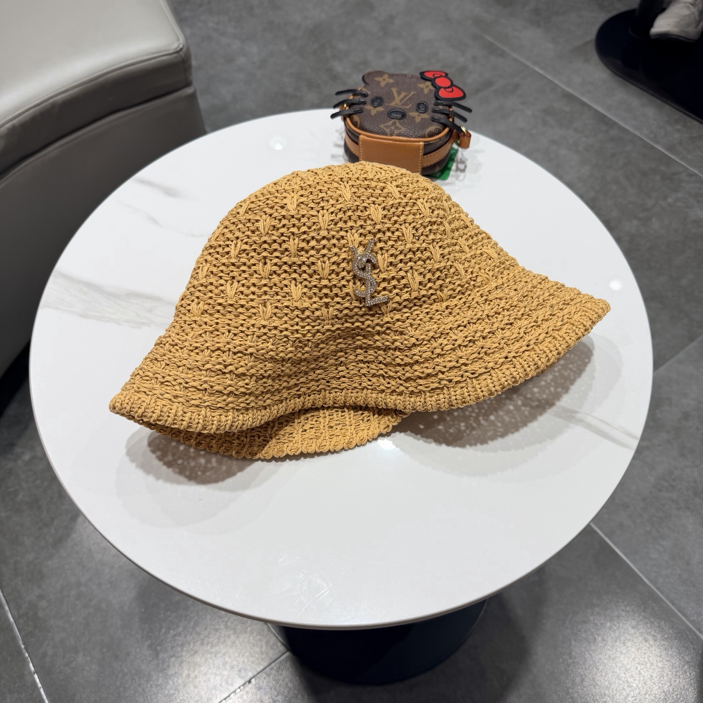 圣罗兰SAINT LAURENT 春夏季针织镂空撞色条纹水桶帽女百搭防晒出游遮阳帽渔夫帽显脸小