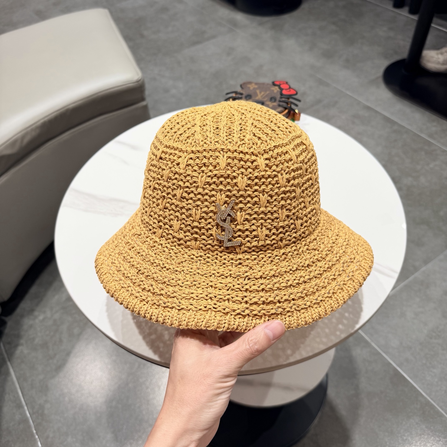 圣罗兰SAINT LAURENT 春夏季针织镂空撞色条纹水桶帽女百搭防晒出游遮阳帽渔夫帽显脸小