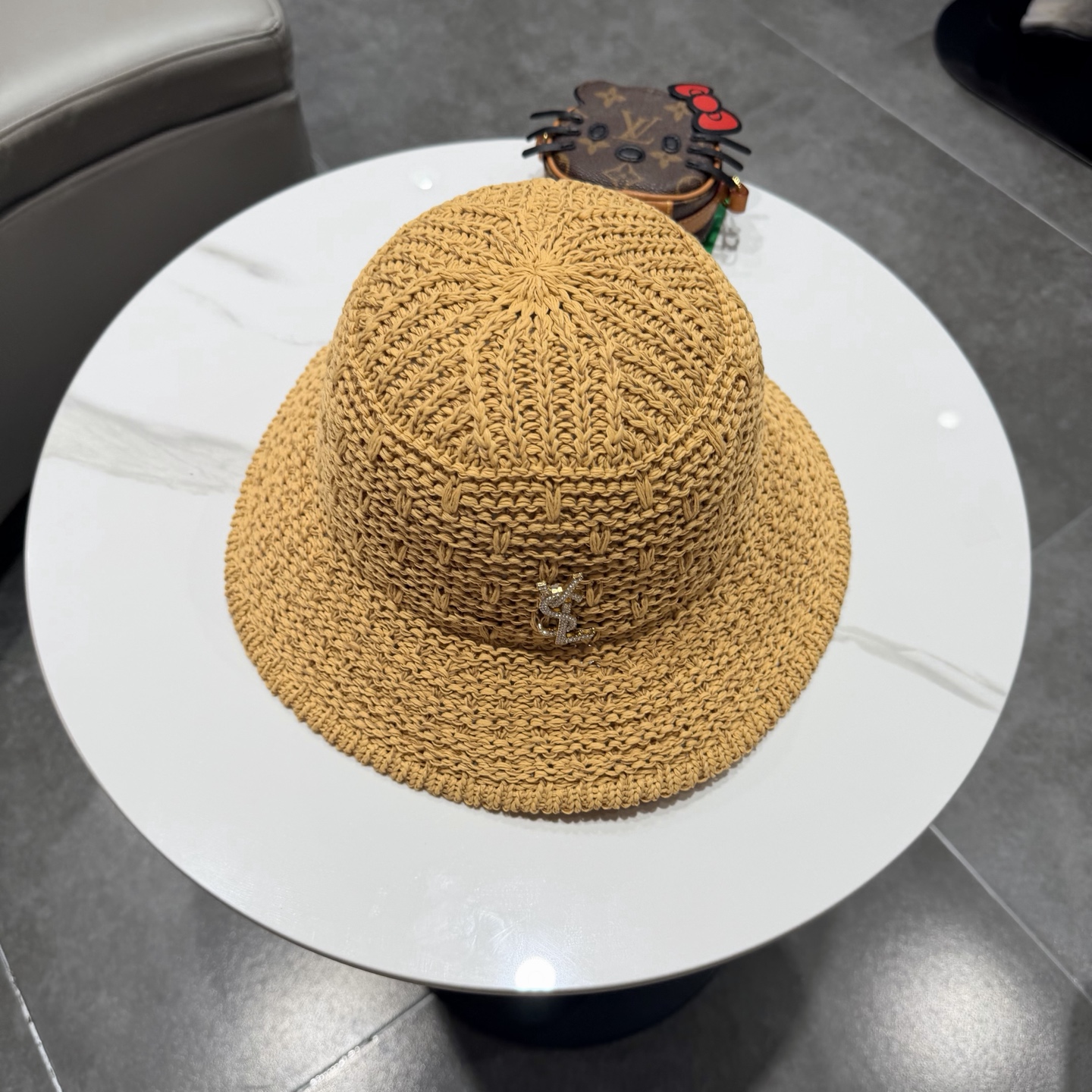 圣罗兰SAINT LAURENT 春夏季针织镂空撞色条纹水桶帽女百搭防晒出游遮阳帽渔夫帽显脸小