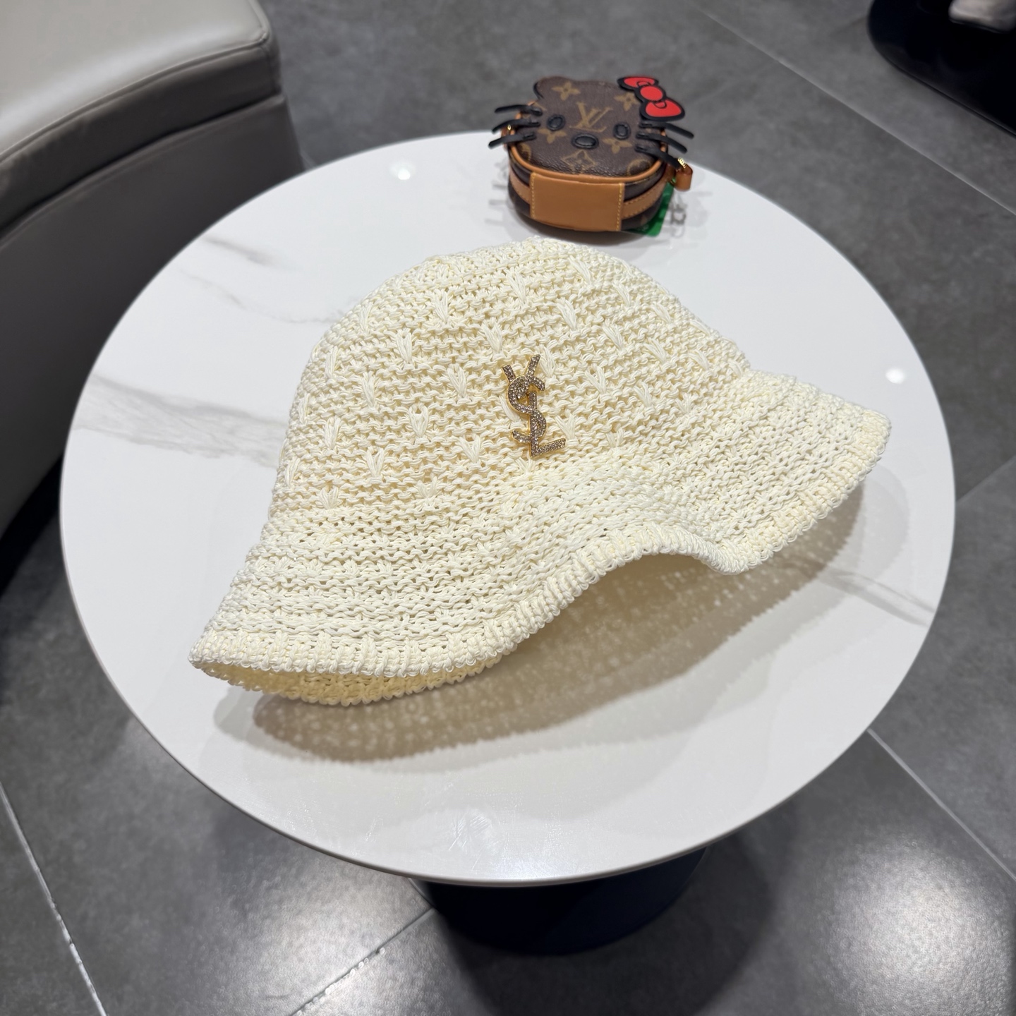 圣罗兰SAINT LAURENT 春夏季针织镂空撞色条纹水桶帽女百搭防晒出游遮阳帽渔夫帽显脸小