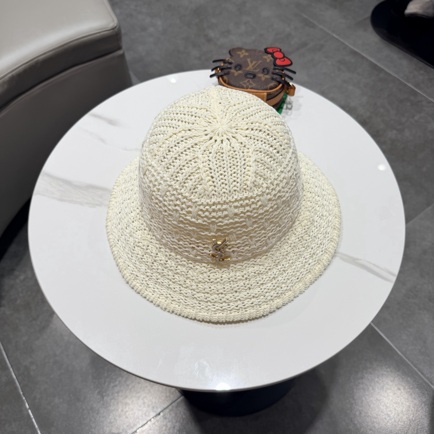 圣罗兰SAINT LAURENT 春夏季针织镂空撞色条纹水桶帽女百搭防晒出游遮阳帽渔夫帽显脸小