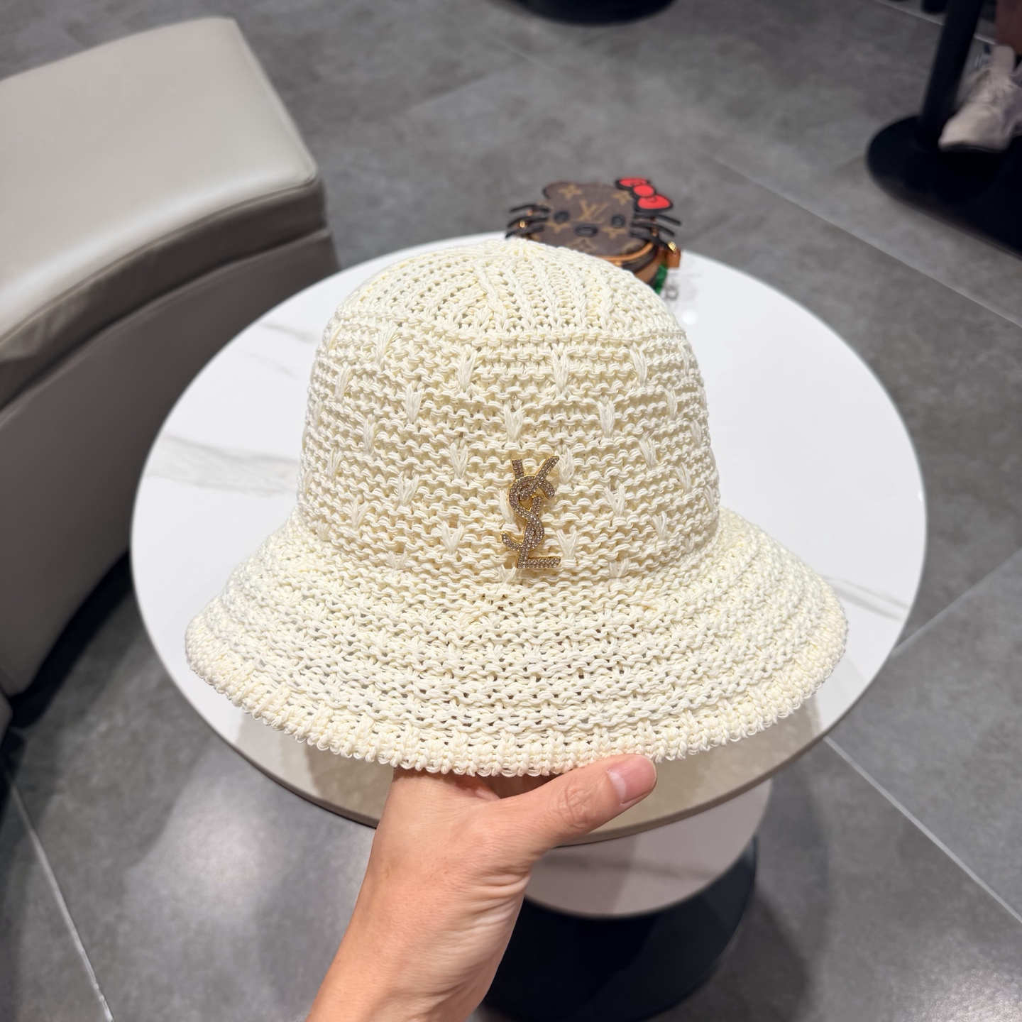 圣罗兰SAINT LAURENT 春夏季针织镂空撞色条纹水桶帽女百搭防晒出游遮阳帽渔夫帽显脸小