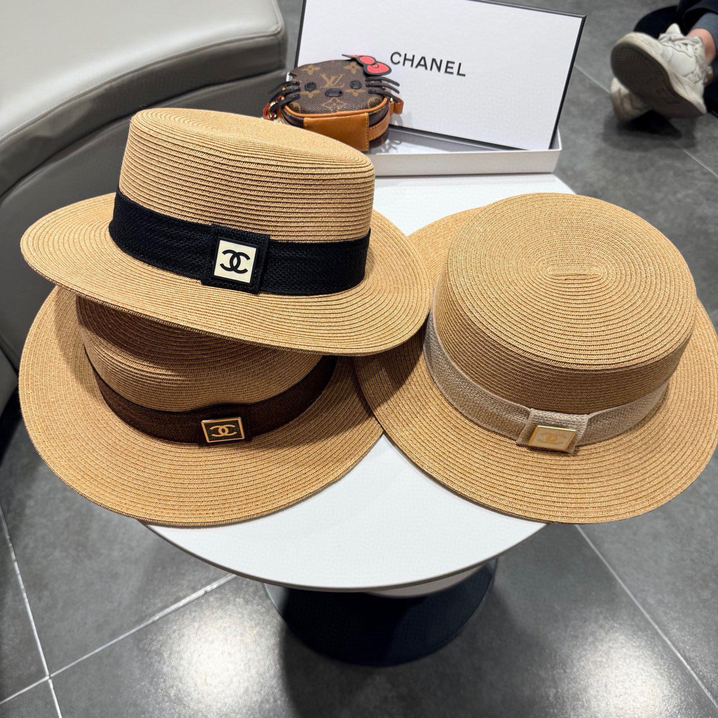 Chanel气质优雅礼帽法式名媛风大头围帽子平顶草帽海边度假太阳帽防晒帽